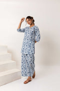 Modern Botanical Elegance: Blue Cotton Co-ord Ensemble - Hukum Jaipur