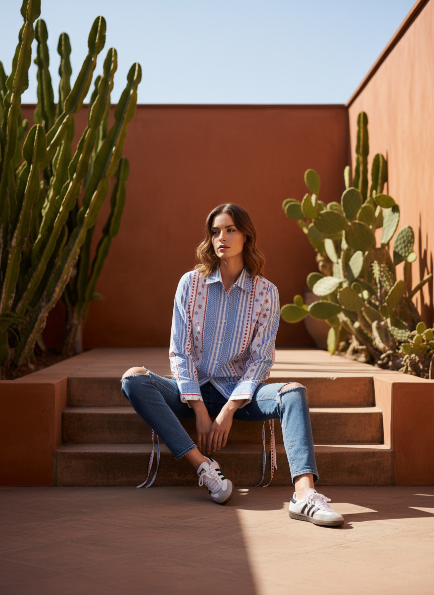 Geometric Grace Blue White Striped Cotton Shirt | Hukum Jaipur