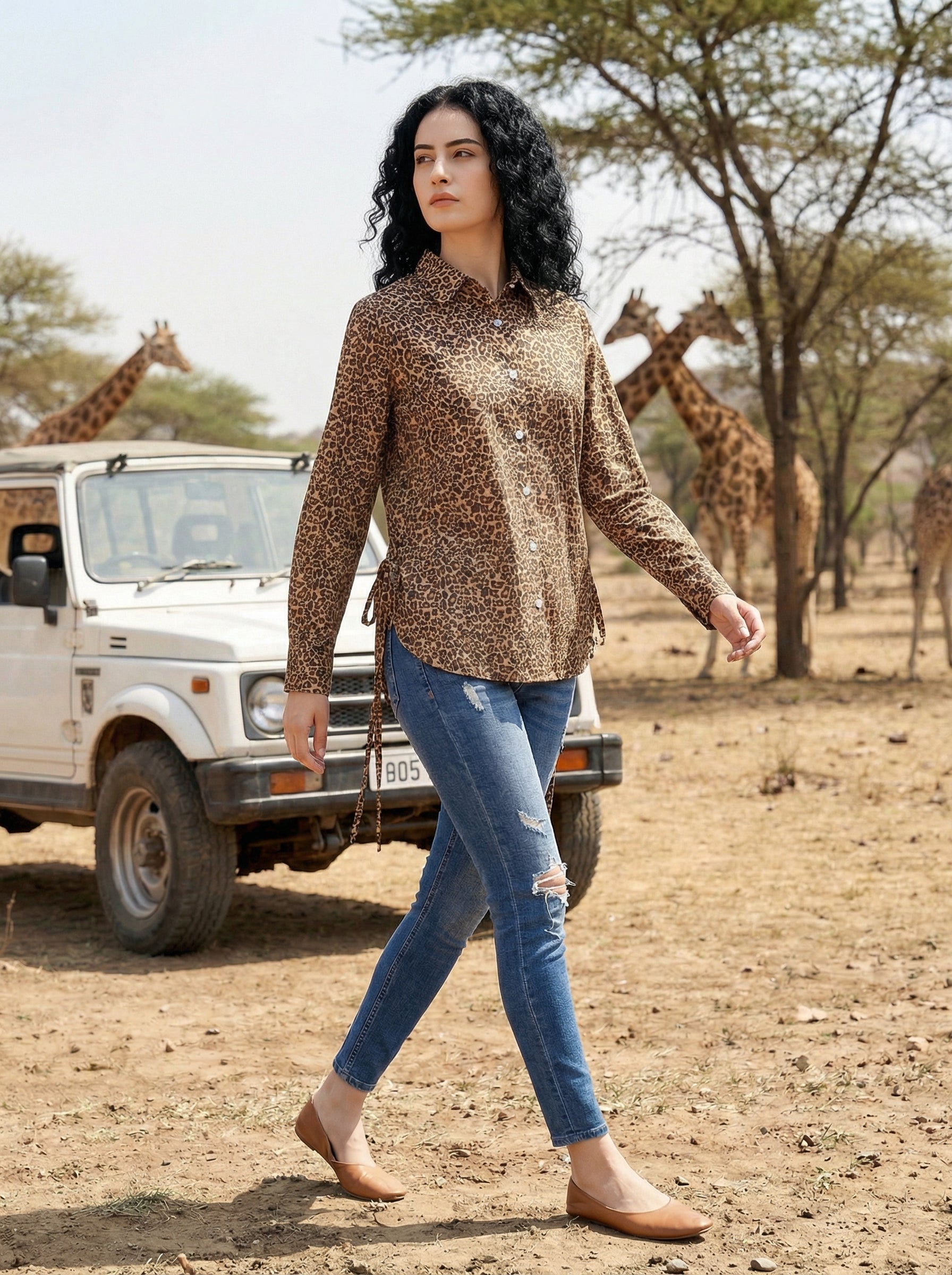 Safari Elegance Leopard Print Brown Cotton Shirt | Hukum Jaipur