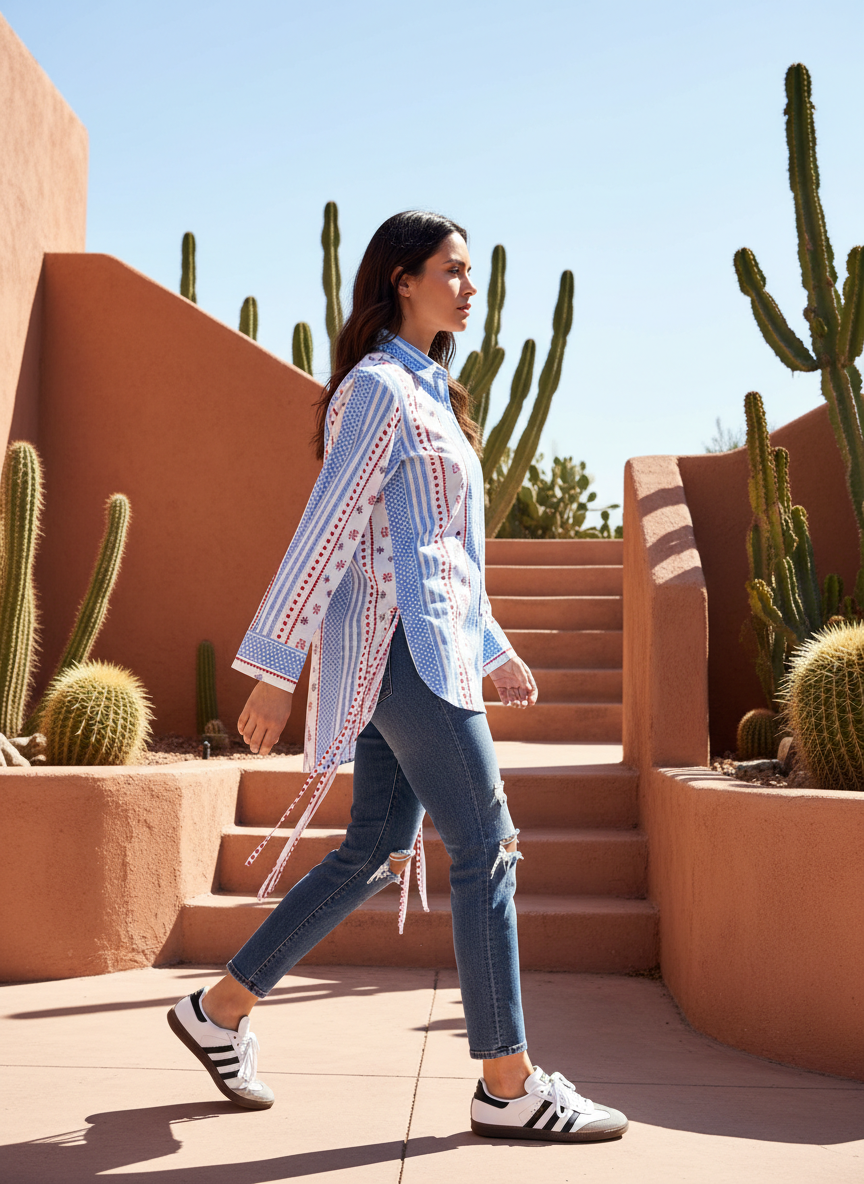 Geometric Grace Blue White Striped Cotton Shirt | Hukum Jaipur