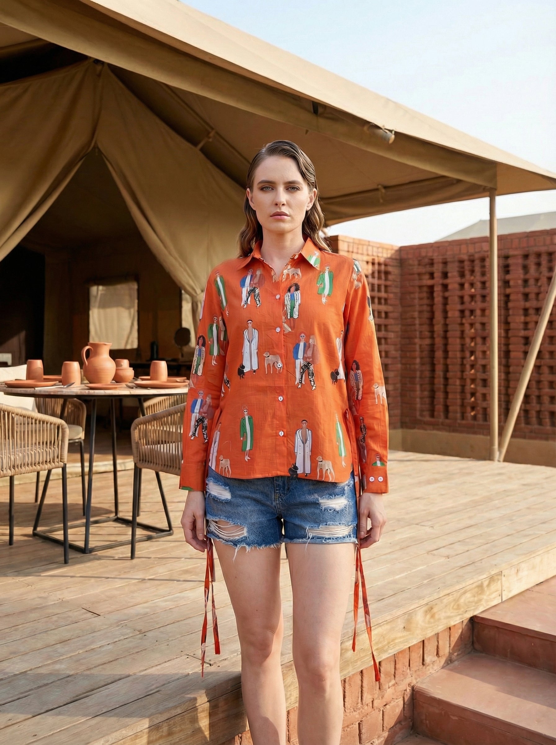 Runway Reverie Orange Fashion Illustrated Cotton Shirt | Hukum Jaipur