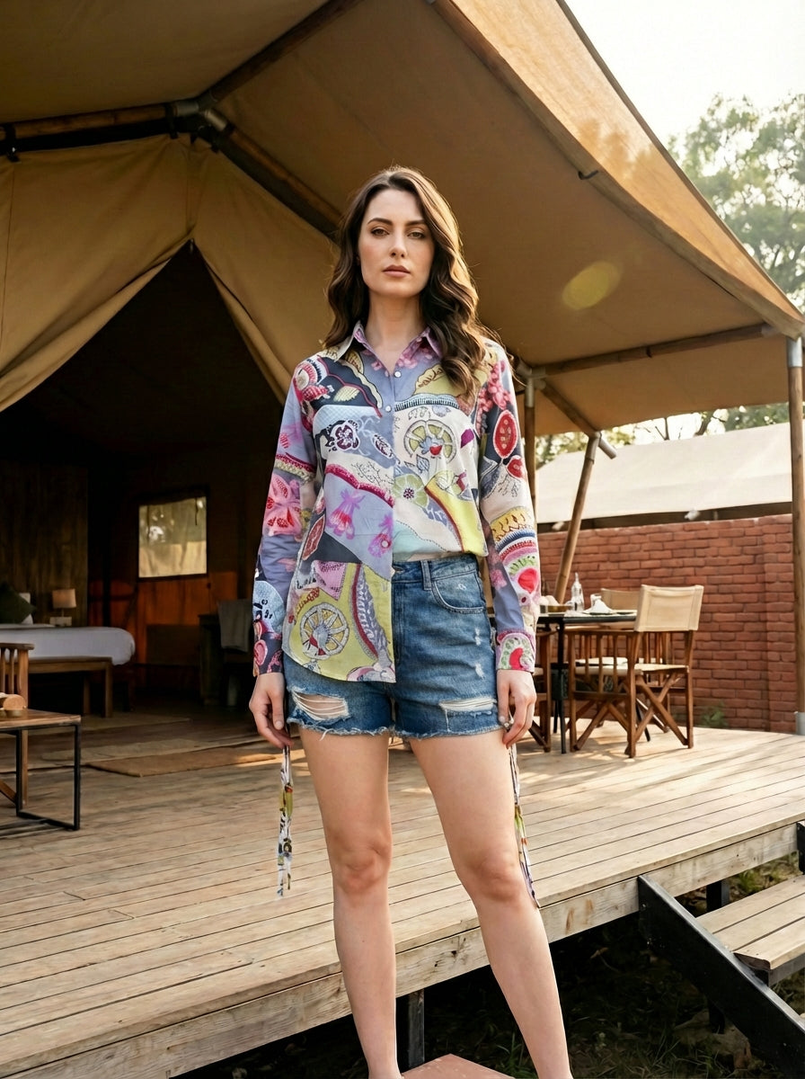 Festival Fusion Patchwork Multi-Color Cotton Shirt | Hukum Jaipur