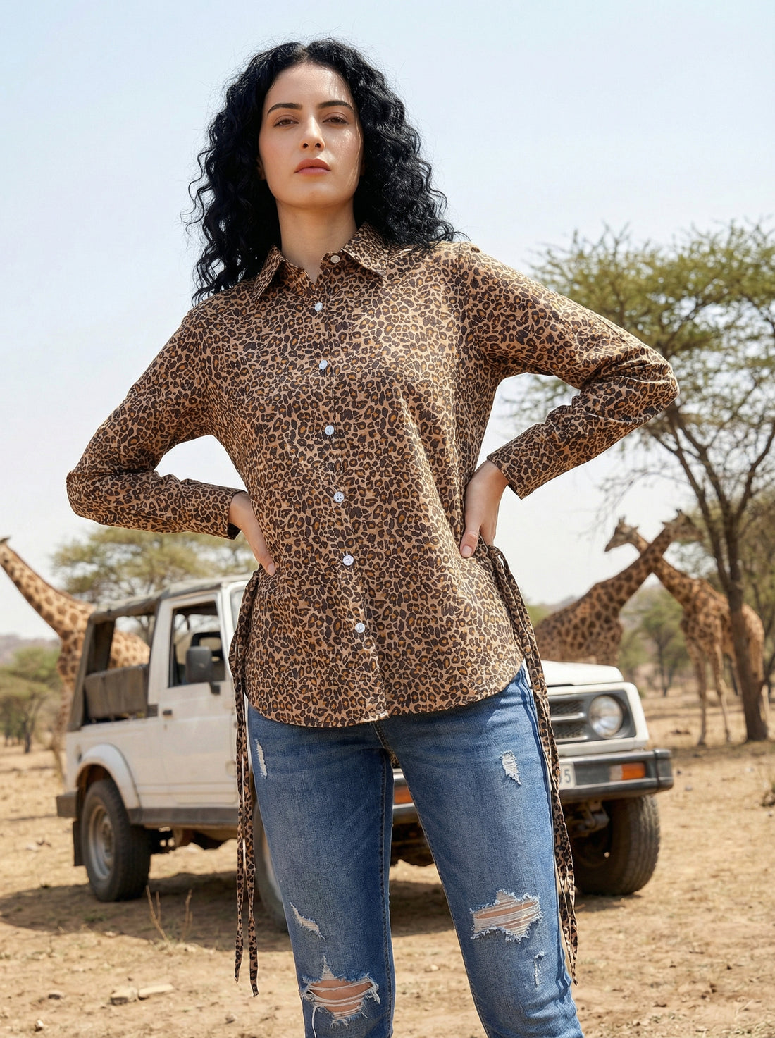 Safari Elegance Leopard Print Brown Cotton Shirt | Hukum Jaipur