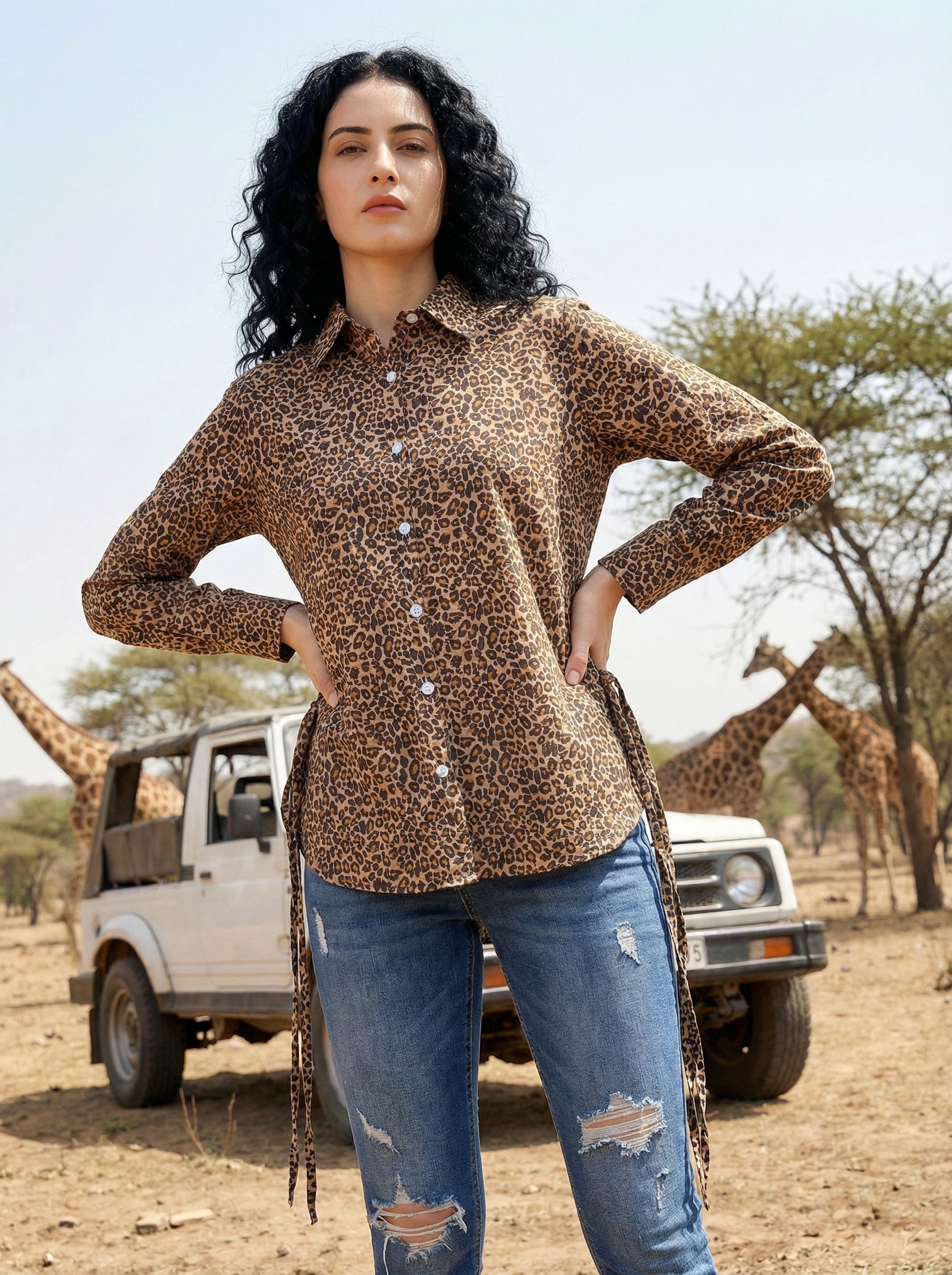 Safari Elegance Leopard Print Brown Cotton Shirt | Hukum Jaipur