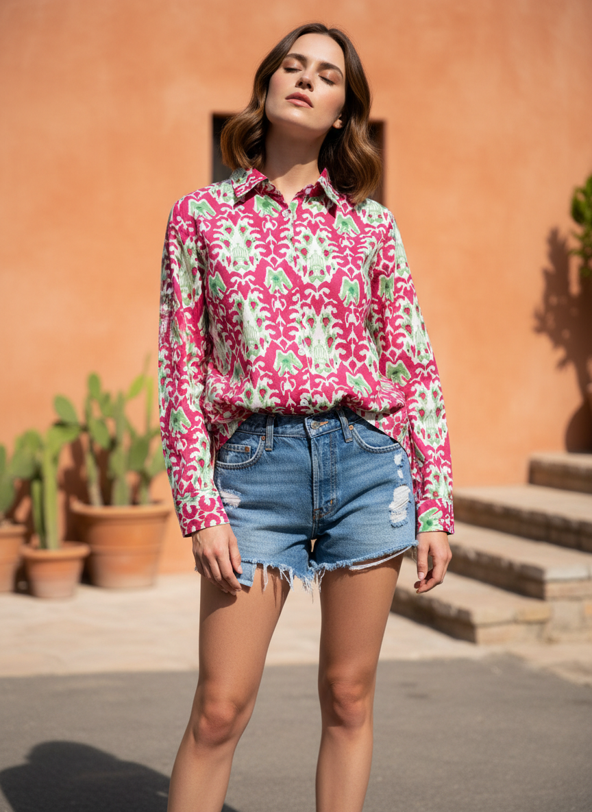 Heritage Harmony Damask Print Pink Cotton Shirt | Hukum Jaipur