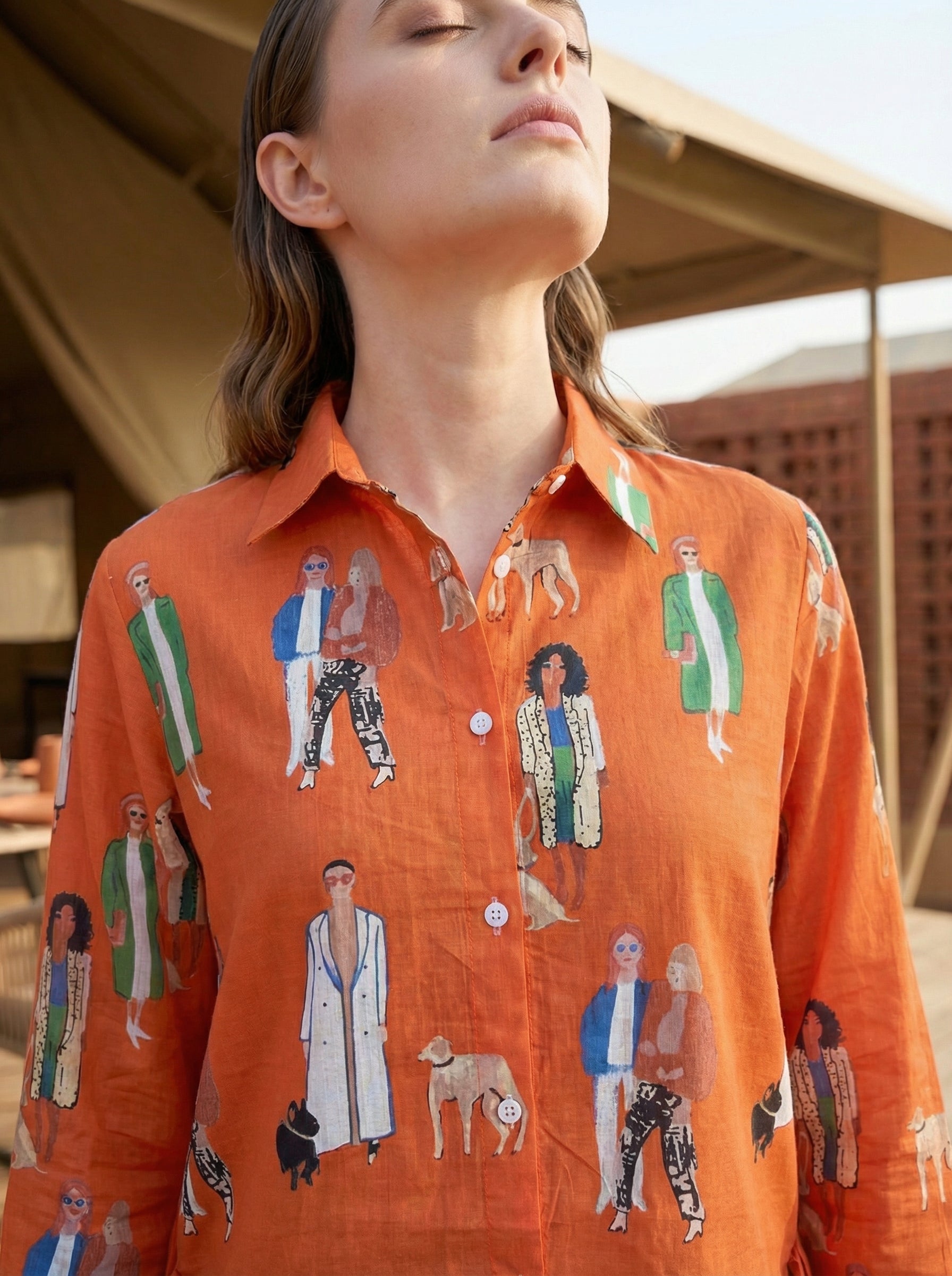 Runway Reverie Orange Fashion Illustrated Cotton Shirt | Hukum Jaipur