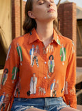 Runway Reverie Orange Fashion Illustrated Cotton Shirt | Hukum Jaipur