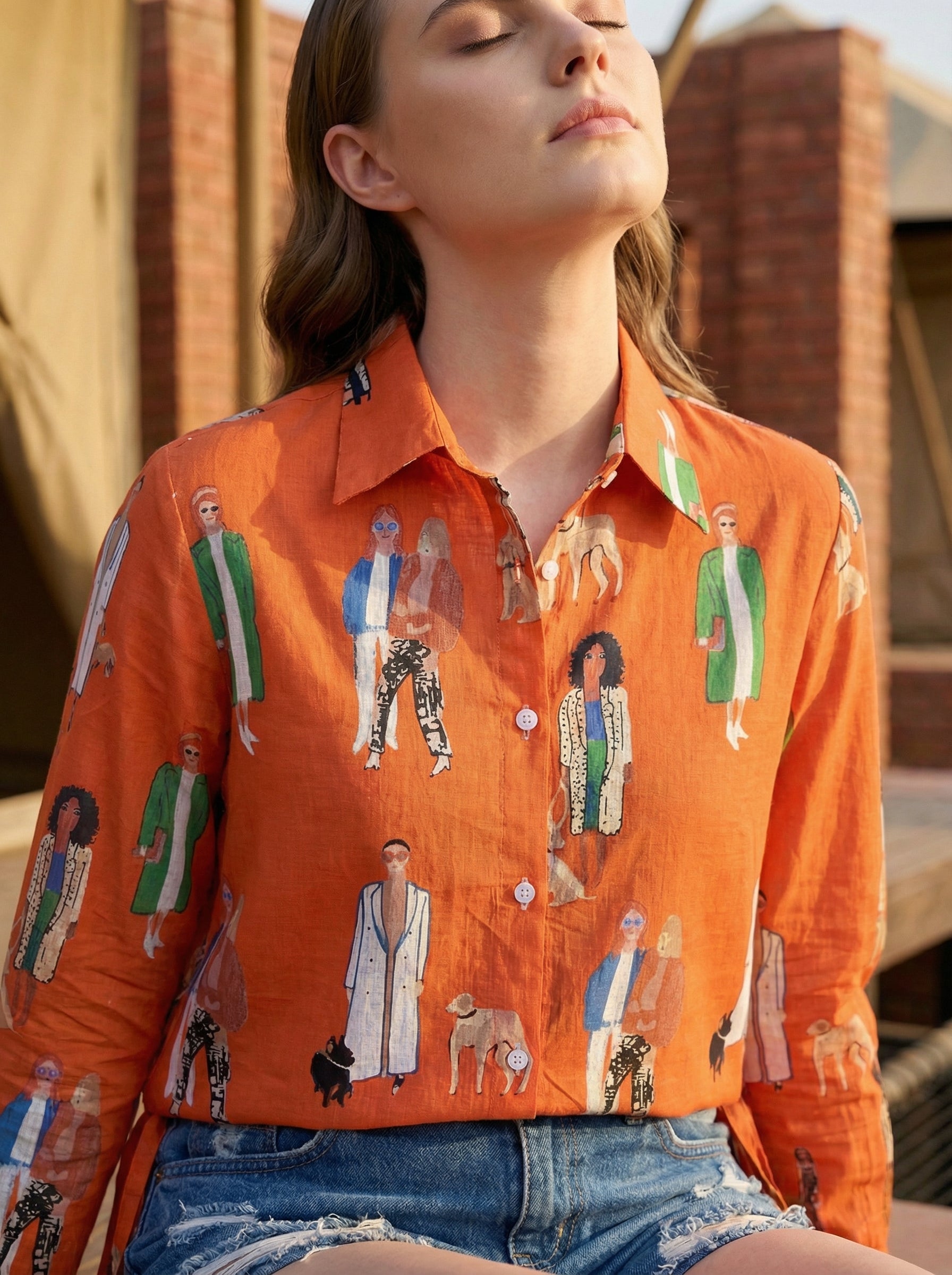 Runway Reverie Orange Fashion Illustrated Cotton Shirt | Hukum Jaipur
