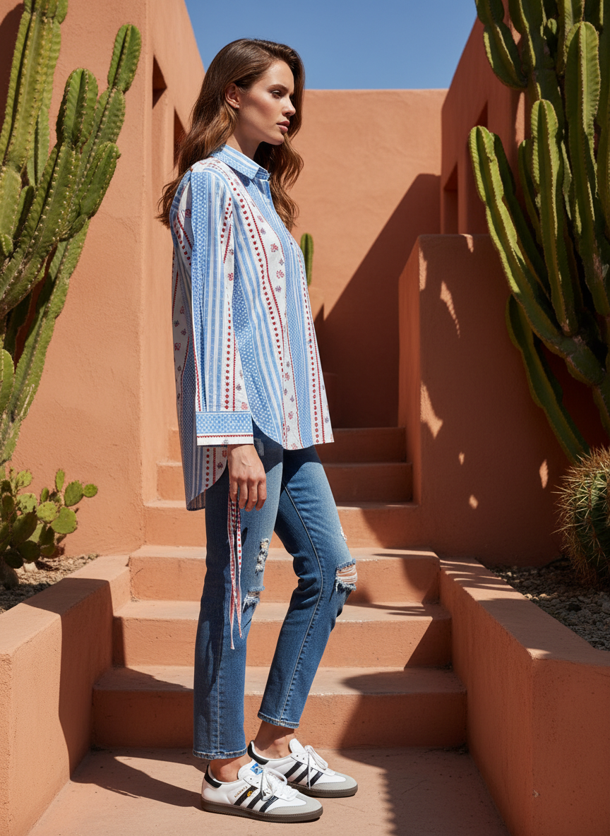 Geometric Grace Blue White Striped Cotton Shirt | Hukum Jaipur