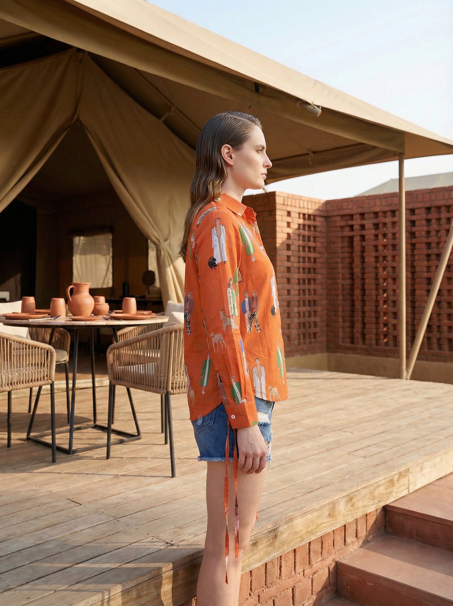 Runway Reverie Orange Fashion Illustrated Cotton Shirt | Hukum Jaipur