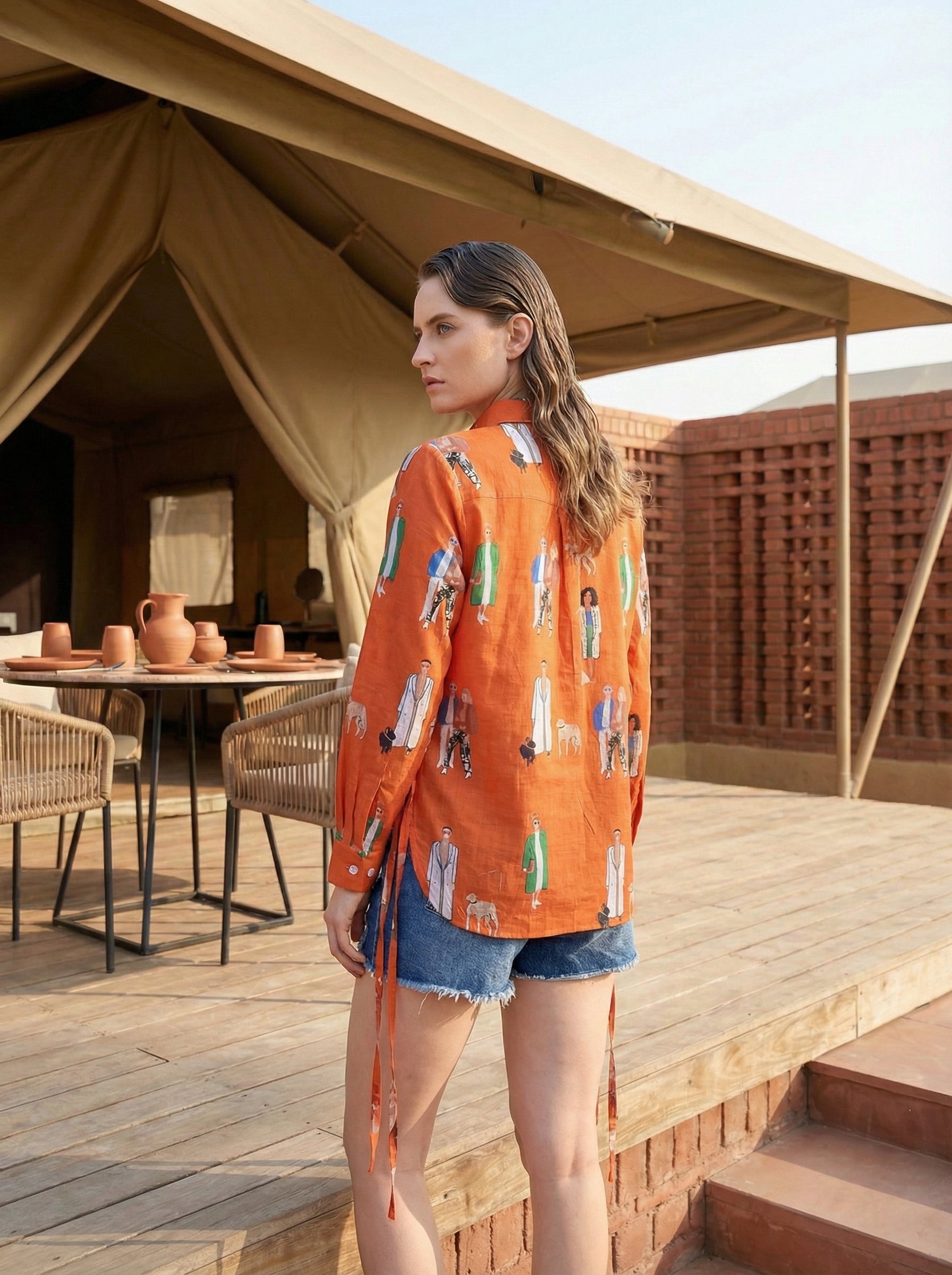 Runway Reverie Orange Fashion Illustrated Cotton Shirt | Hukum Jaipur