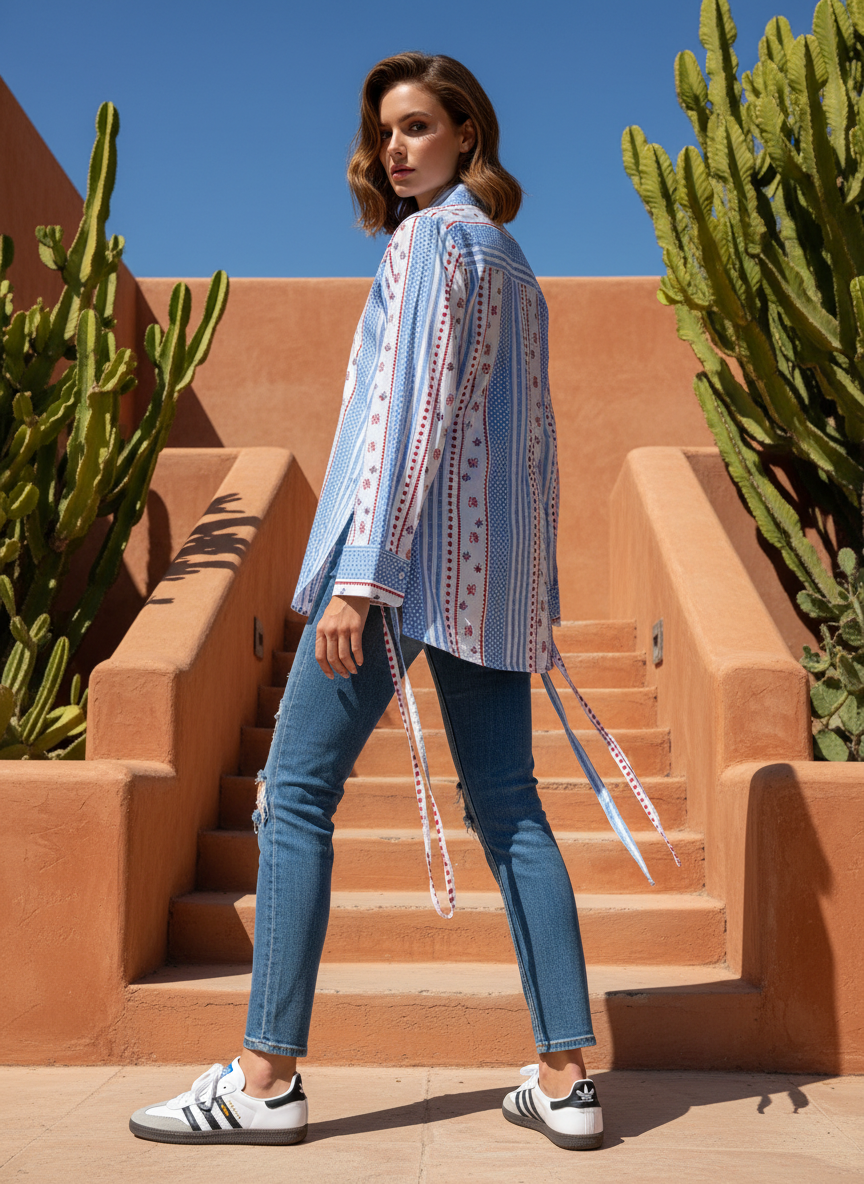 Geometric Grace Blue White Striped Cotton Shirt | Hukum Jaipur