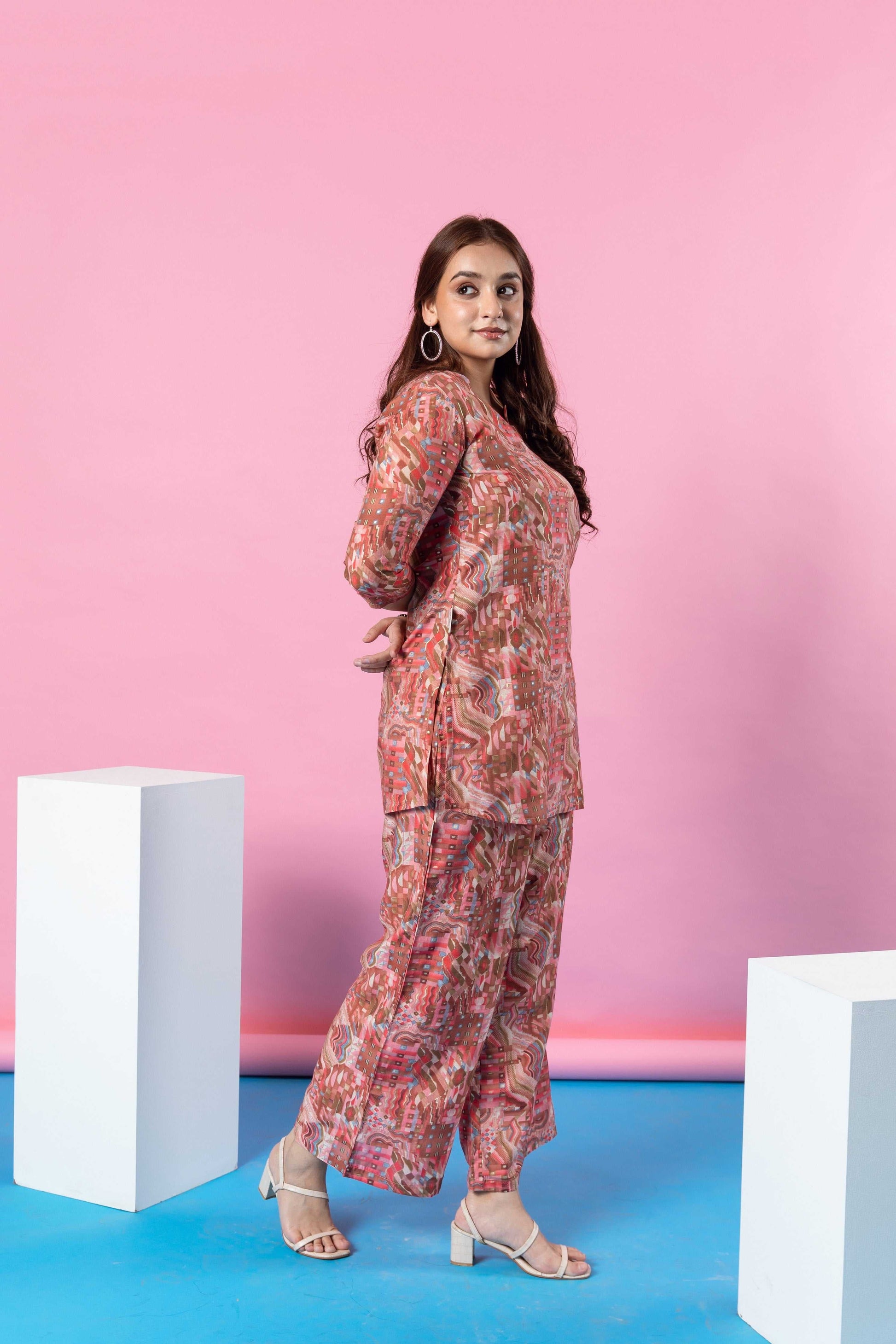 Peachy Dreamscape: Abstract Modal Silk Co-ord Set - Hukum Jaipur