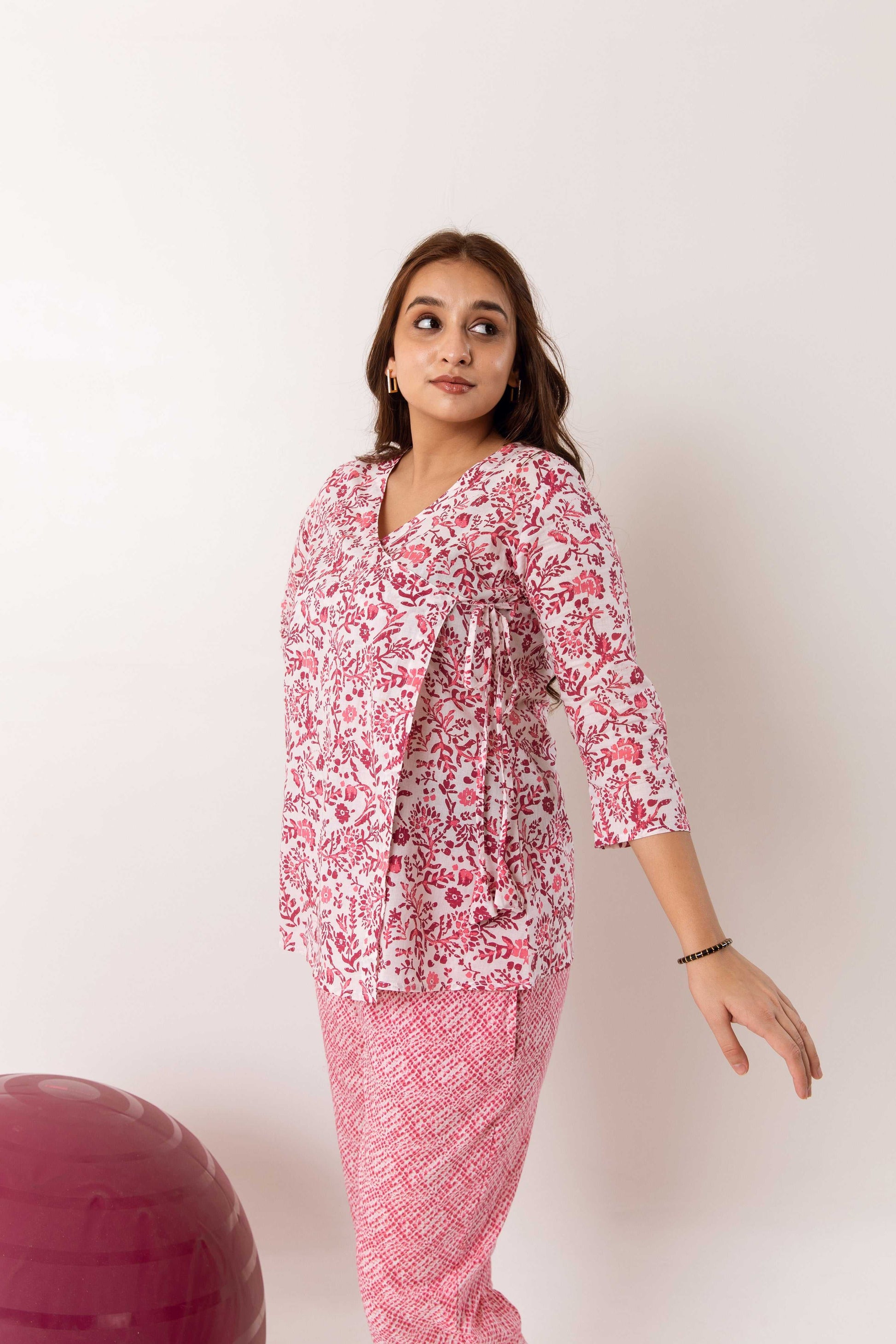 Rose Whispers: Pink Cotton Floral Anghrakha Co-ord Set - Hukum Jaipur