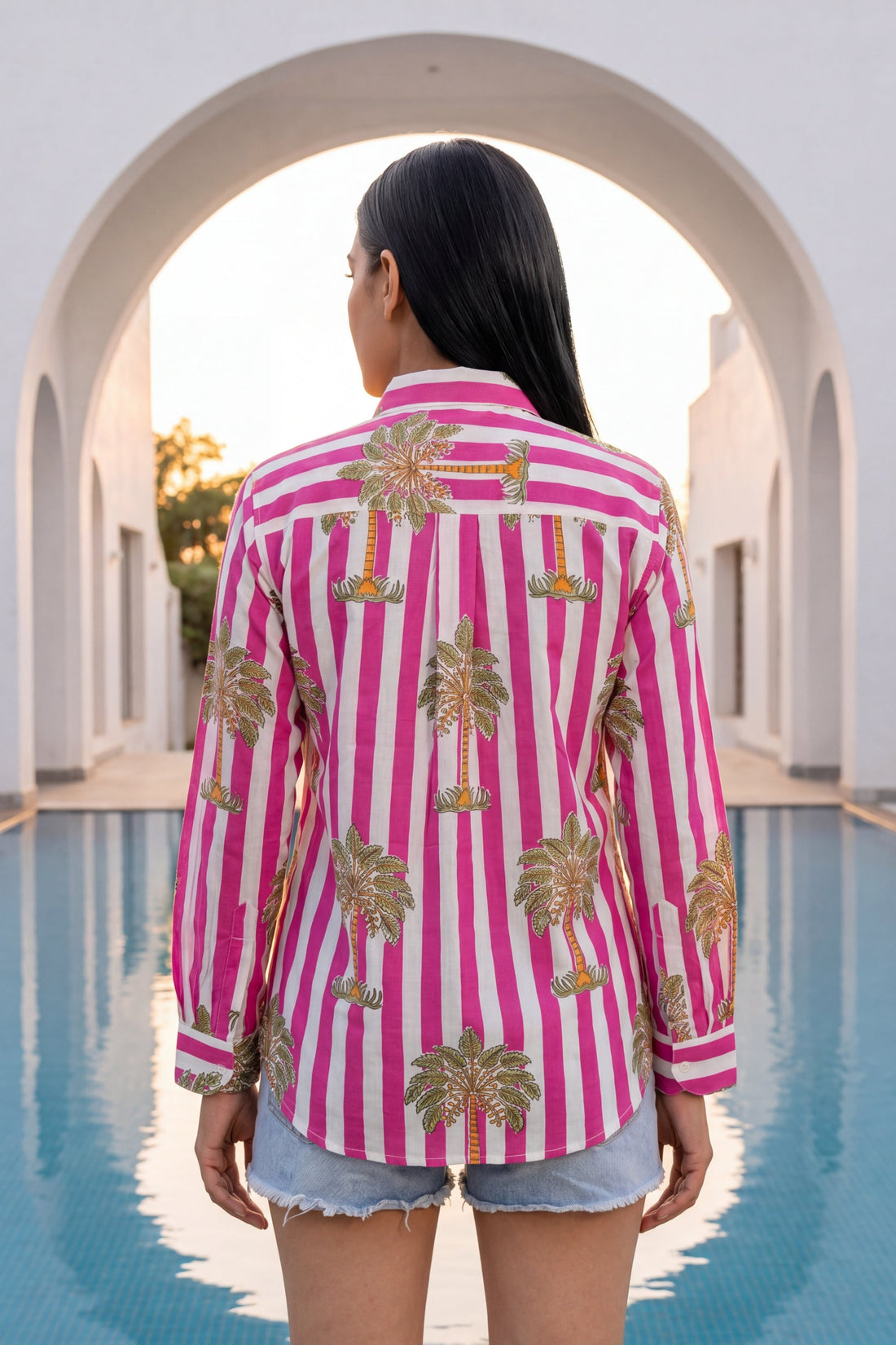 Dhow Shore Magenta Palm Stripe Cotton Shirt