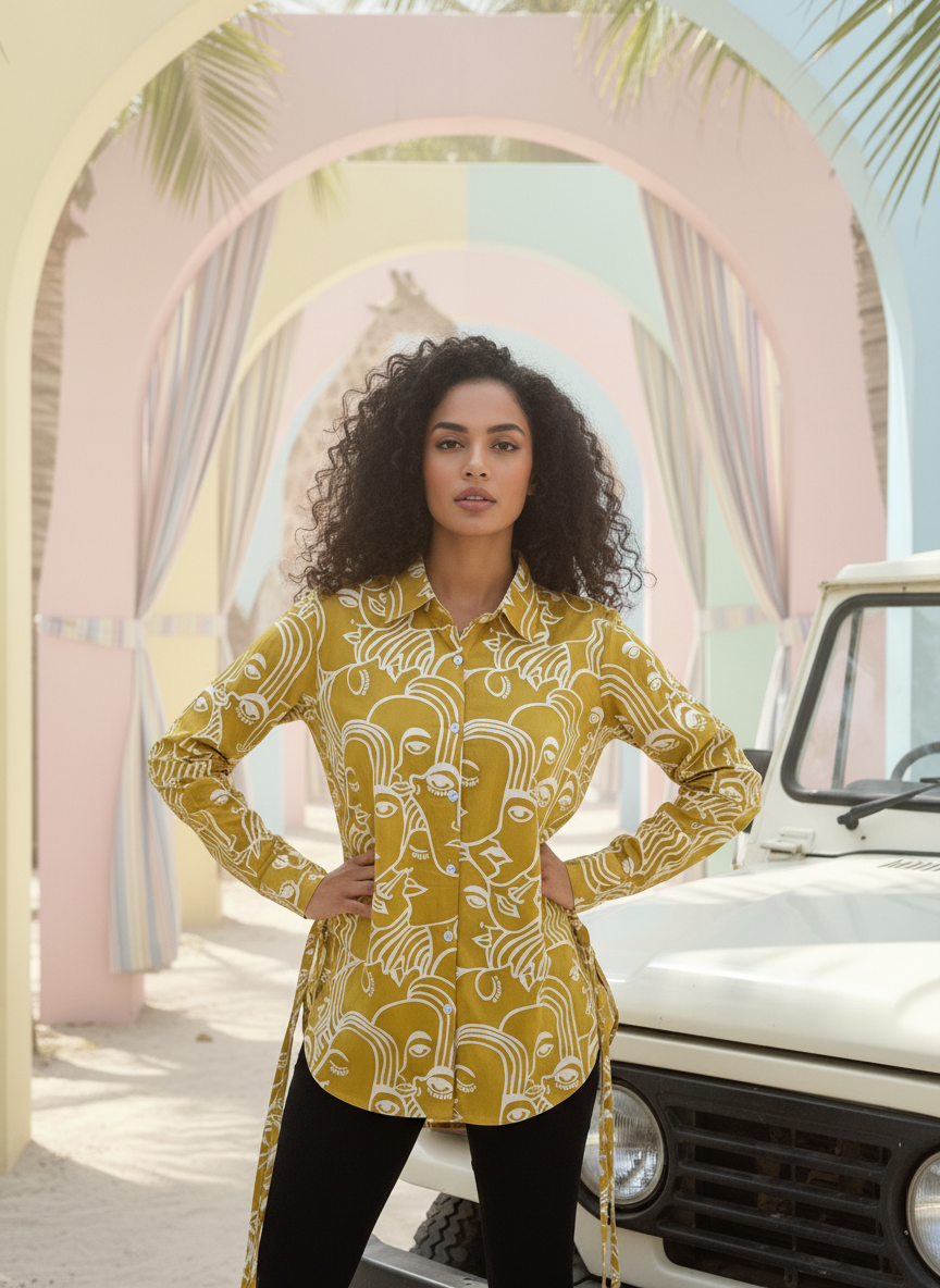 Sunshine Spirit Mustard Abstract Print Cotton Shirt | Hukum Jaipur