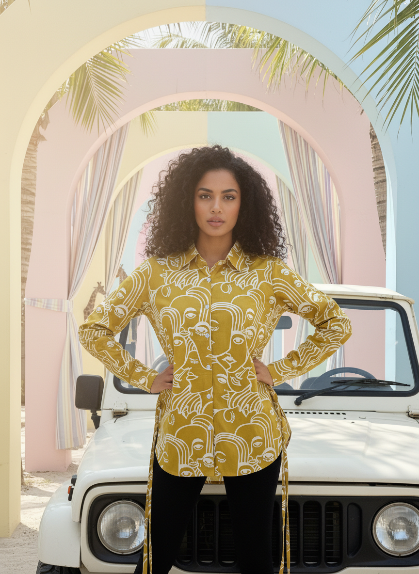 Sunshine Spirit Mustard Abstract Print Cotton Shirt | Hukum Jaipur