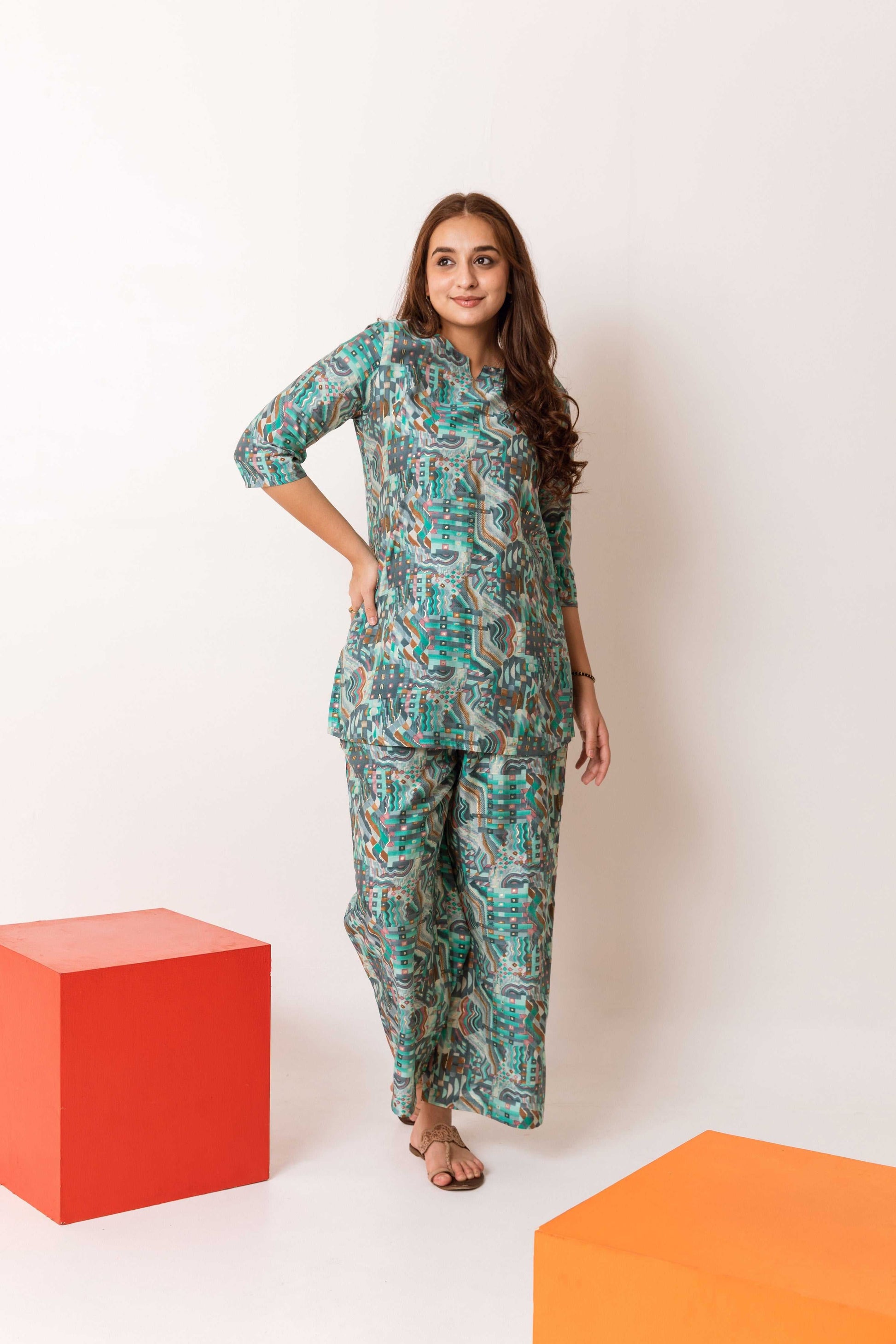 Sapphire Enigma: Abstract Blue Modal Silk Co-ord Set - Hukum Jaipur