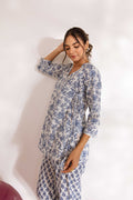 Sapphire Whispers: Blue Cotton Floral Anghrakha Co-ord Set - Hukum Jaipur