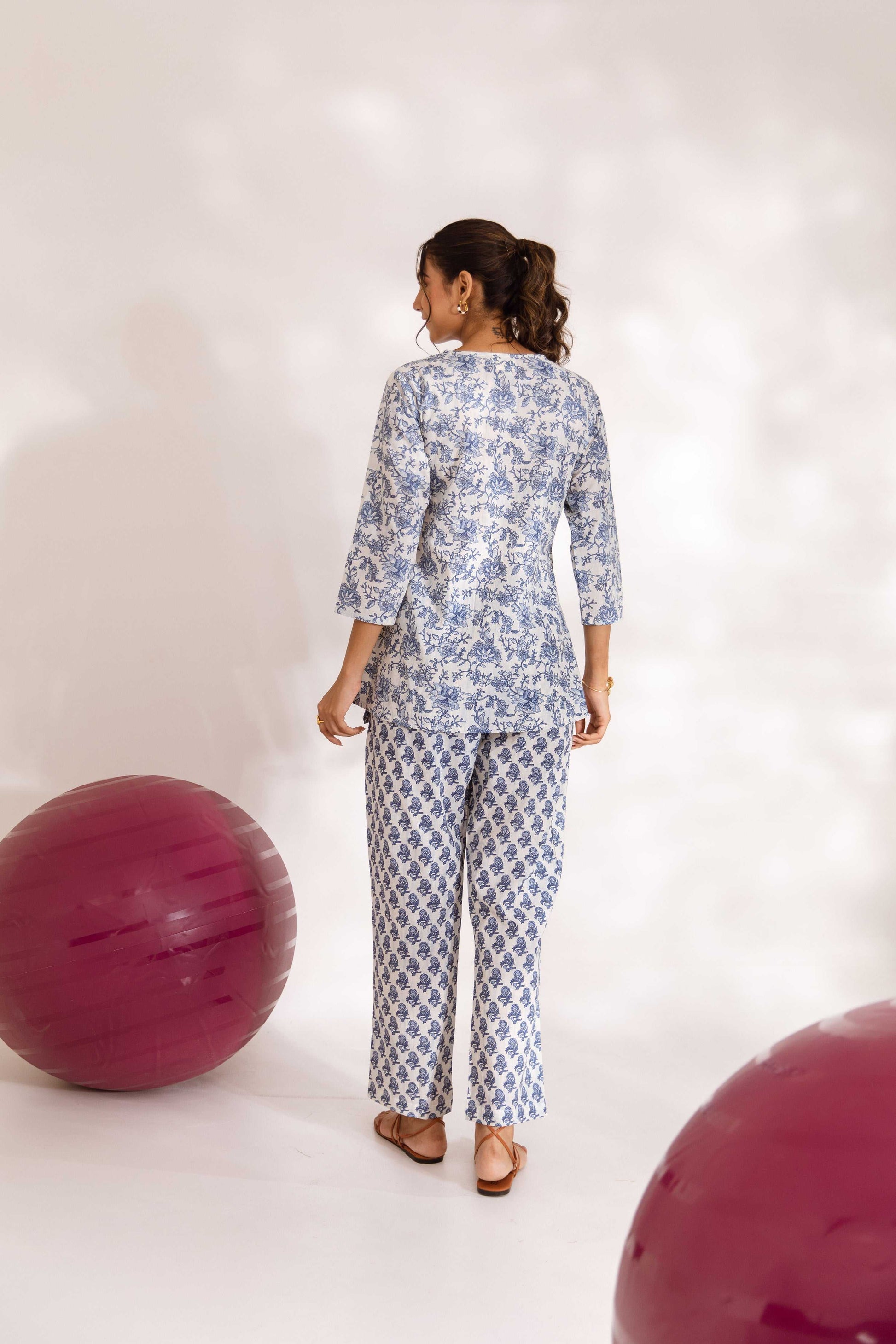 Sapphire Whispers: Blue Cotton Floral Anghrakha Co-ord Set - Hukum Jaipur