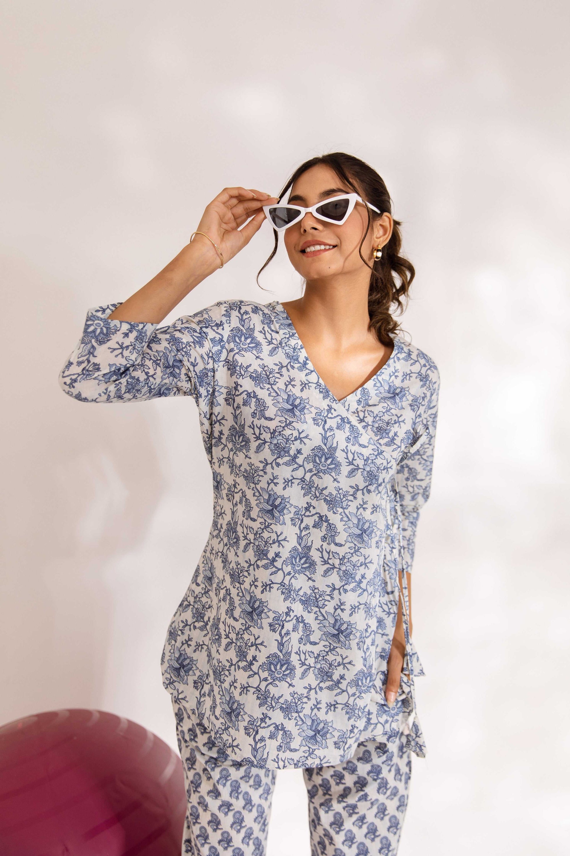 Sapphire Whispers: Blue Cotton Floral Anghrakha Co-ord Set - Hukum Jaipur