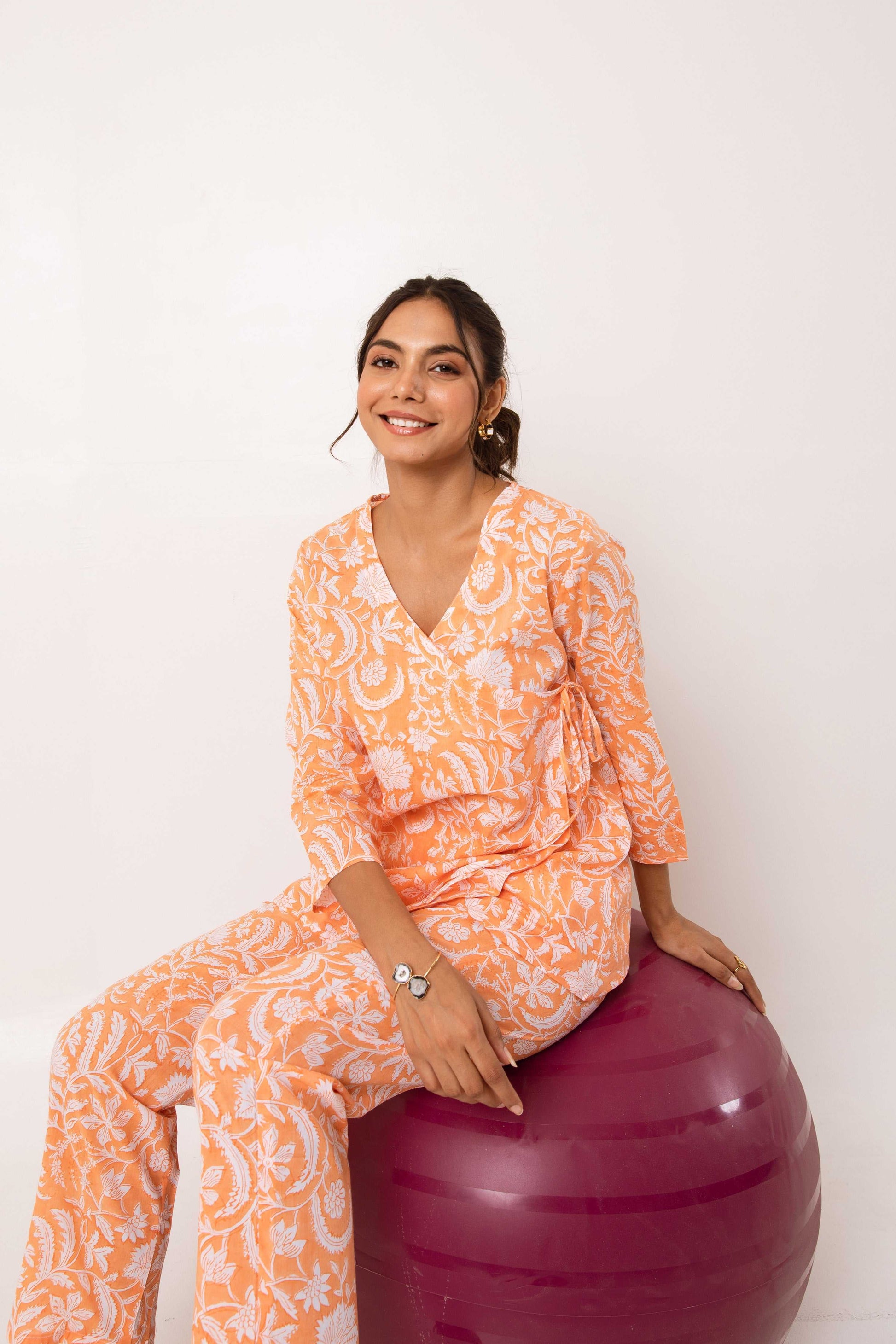 Tangerine Bloom Fiesta: Cotton Floral Anghrakha Blockprint Co-ord Set - Hukum Jaipur