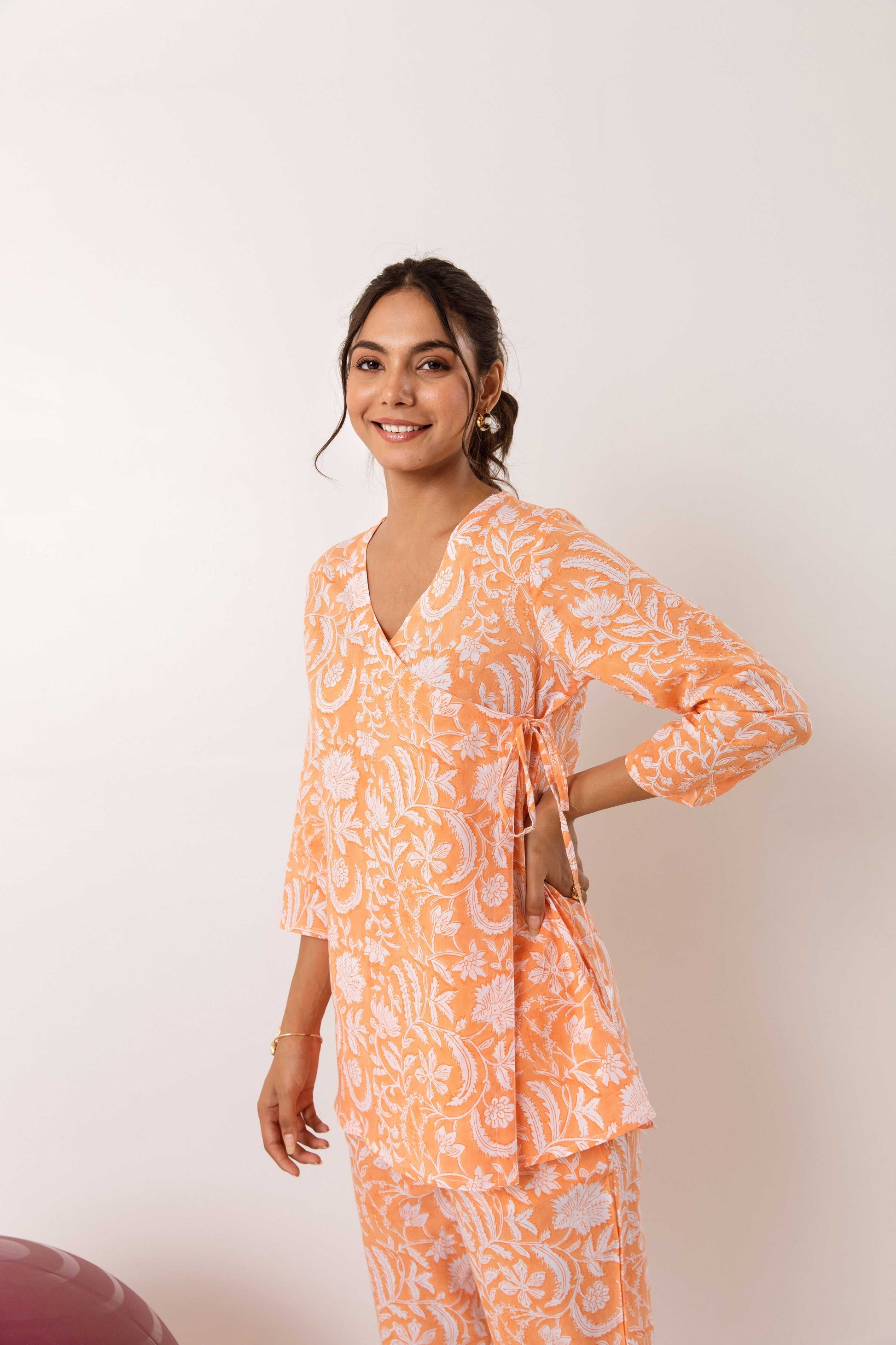 Tangerine Bloom Fiesta: Cotton Floral Anghrakha Blockprint Co-ord Set - Hukum Jaipur