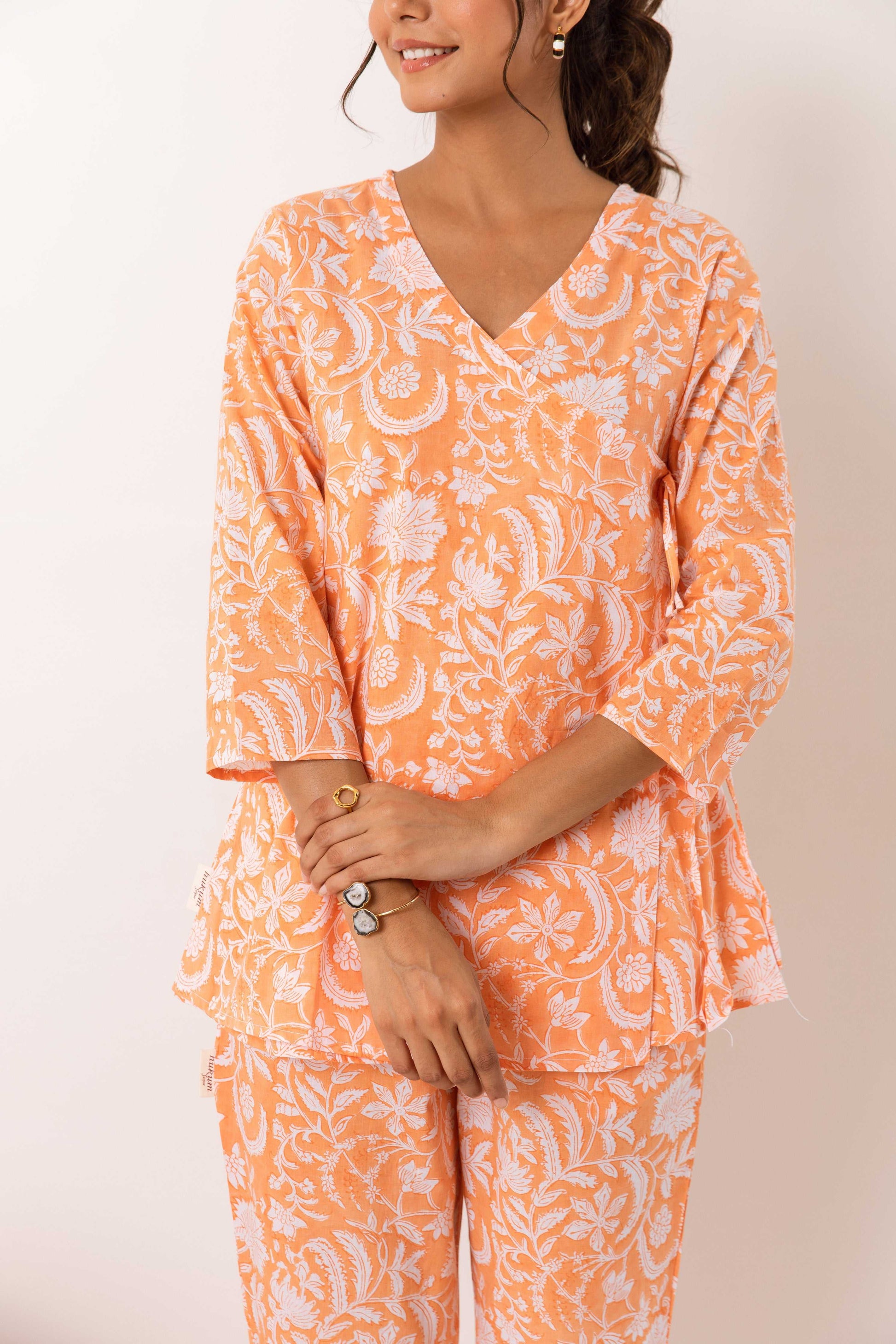 Tangerine Bloom Fiesta: Cotton Floral Anghrakha Blockprint Co-ord Set - Hukum Jaipur