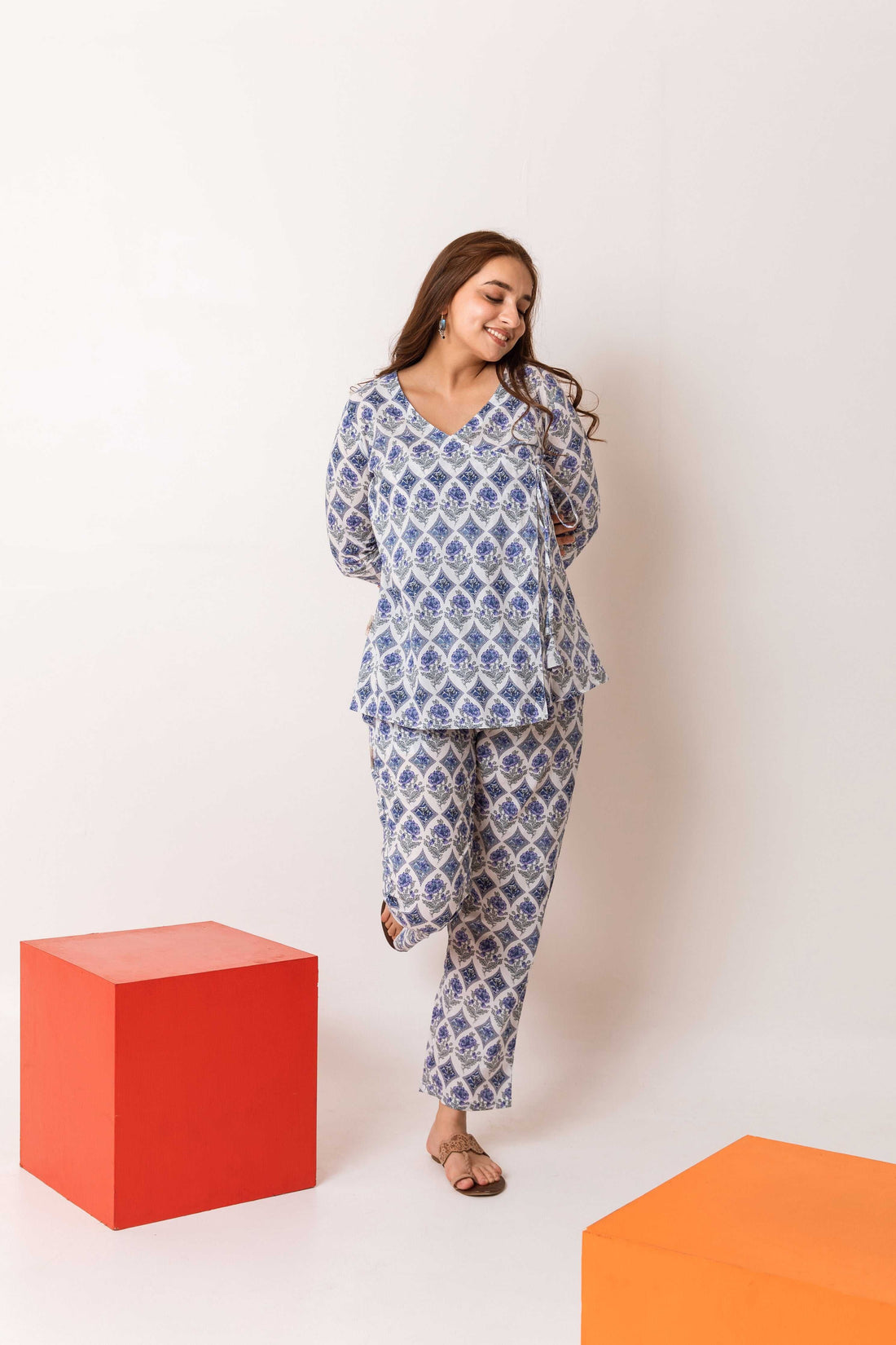 Whimsical Geometry Whispers: White Cotton Geometrical Anghrakha Co-ord Set - Hukum Jaipur