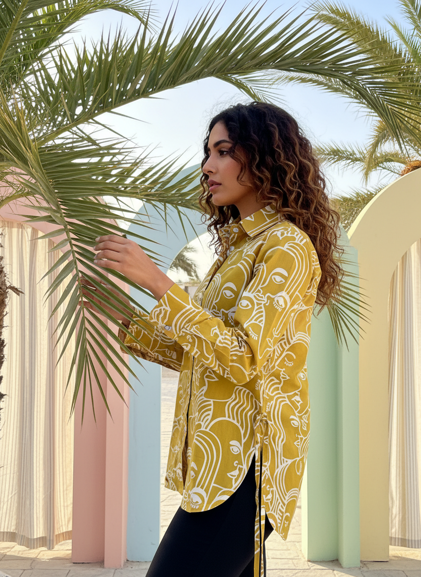 Sunshine Spirit Mustard Abstract Print Cotton Shirt | Hukum Jaipur