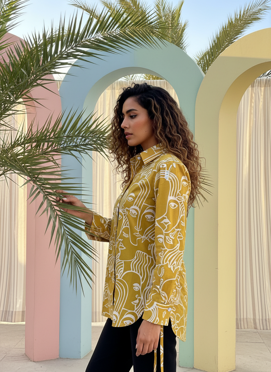 Sunshine Spirit Mustard Abstract Print Cotton Shirt | Hukum Jaipur
