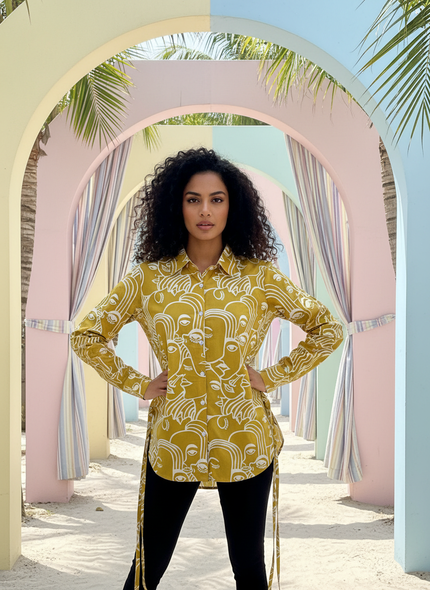 Sunshine Spirit Mustard Abstract Print Cotton Shirt | Hukum Jaipur