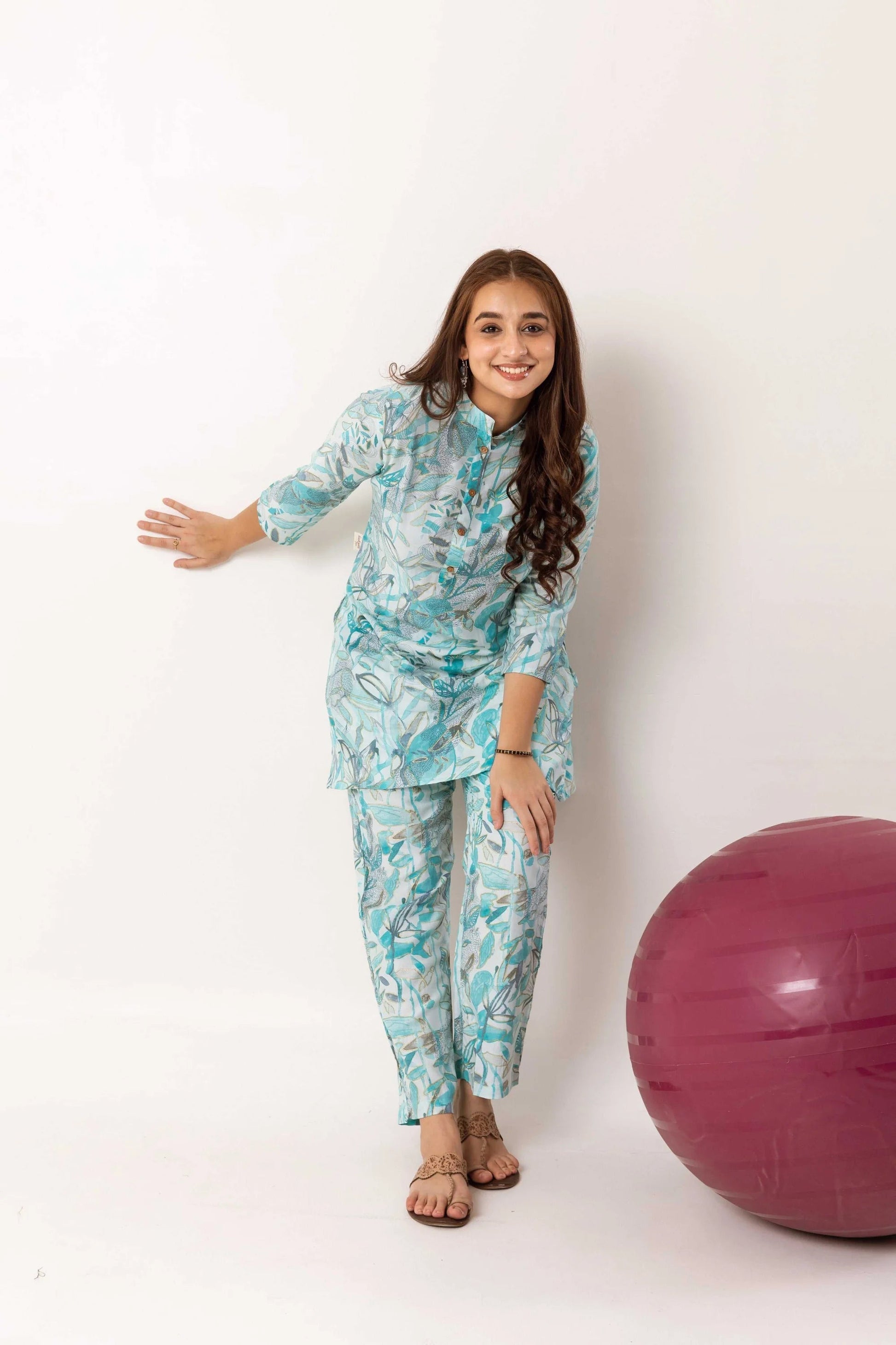 Botanical Bliss Symphony: Blue Modal Silk Co-ord Set - Hukum Jaipur