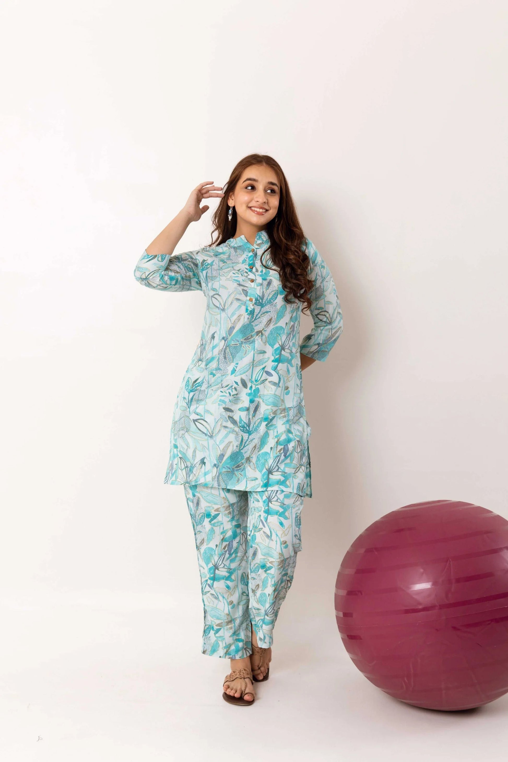 Botanical Bliss Symphony: Blue Modal Silk Co-ord Set - Hukum Jaipur