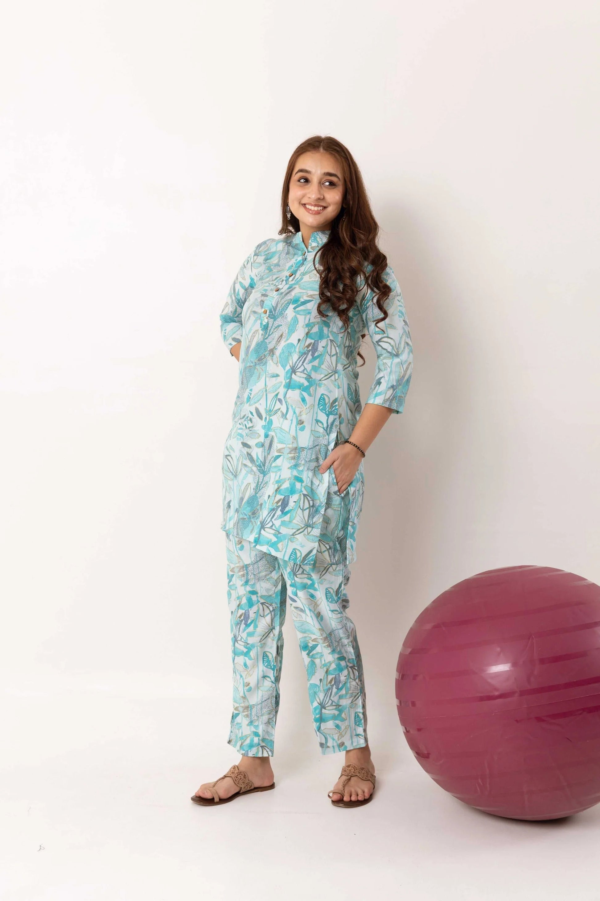 Botanical Bliss Symphony: Blue Modal Silk Co-ord Set - Hukum Jaipur