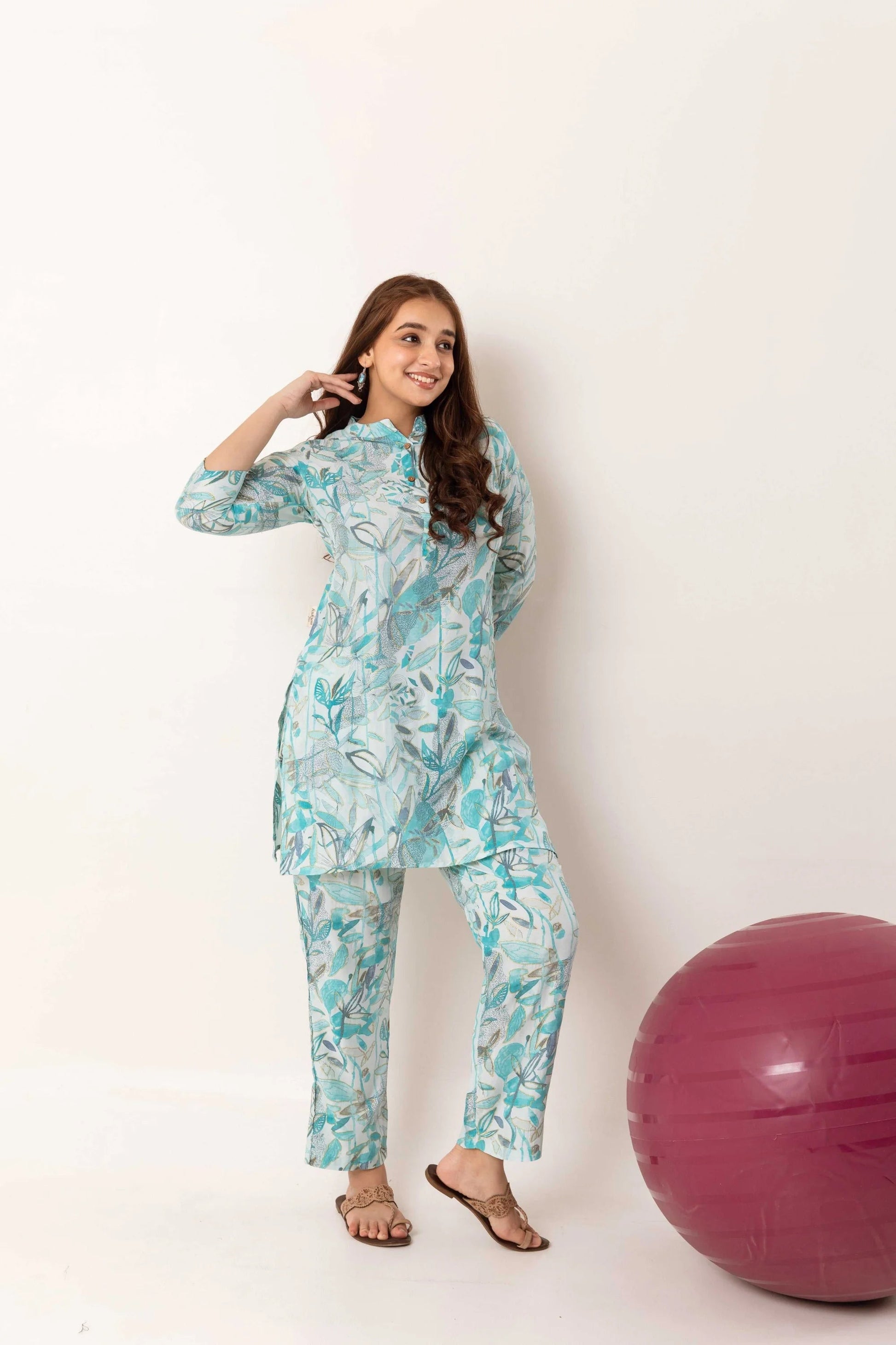 Botanical Bliss Symphony: Blue Modal Silk Co-ord Set - Hukum Jaipur