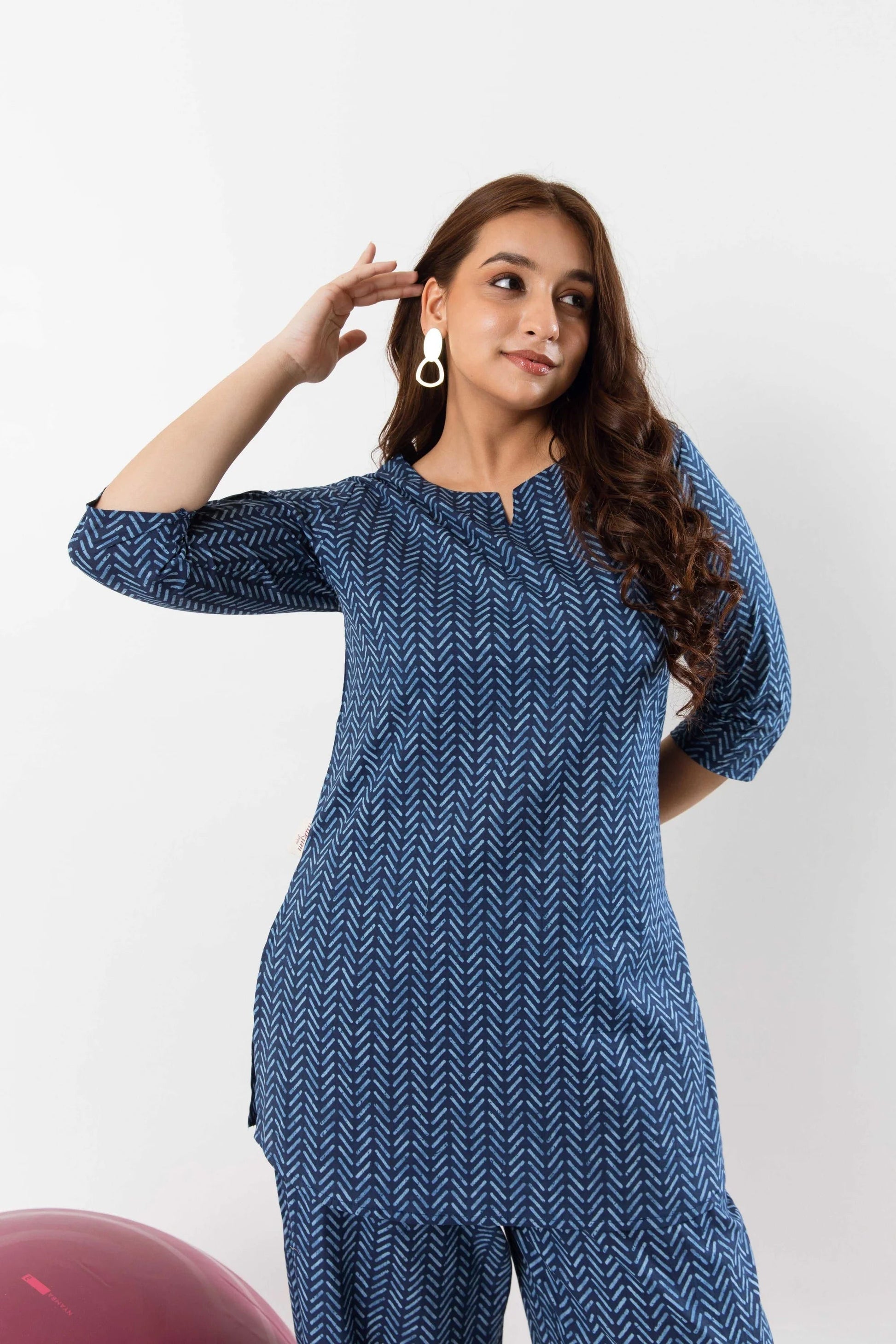 Geometric Patterns in Blue: Cotton Co-ord Ensemble - Hukum Jaipur