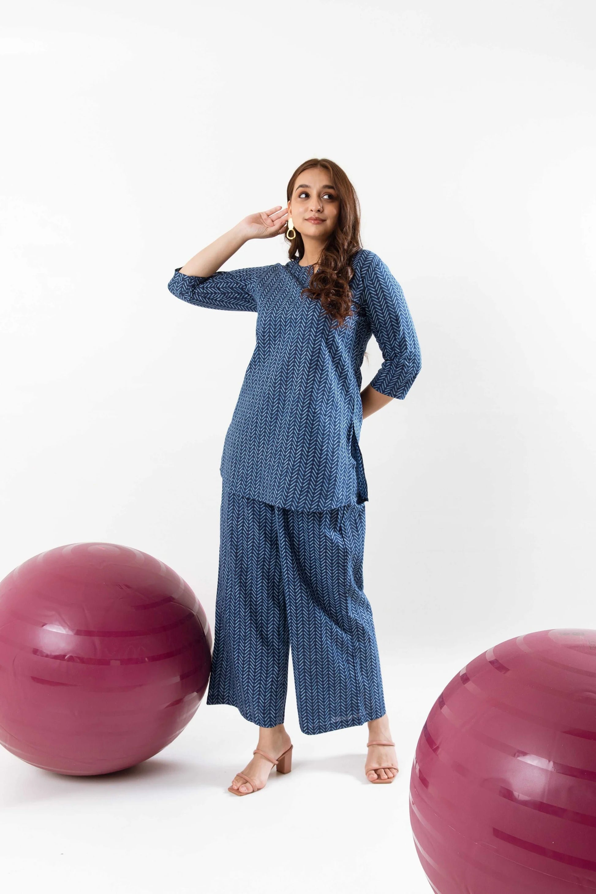 Geometric Patterns in Blue: Cotton Co-ord Ensemble - Hukum Jaipur