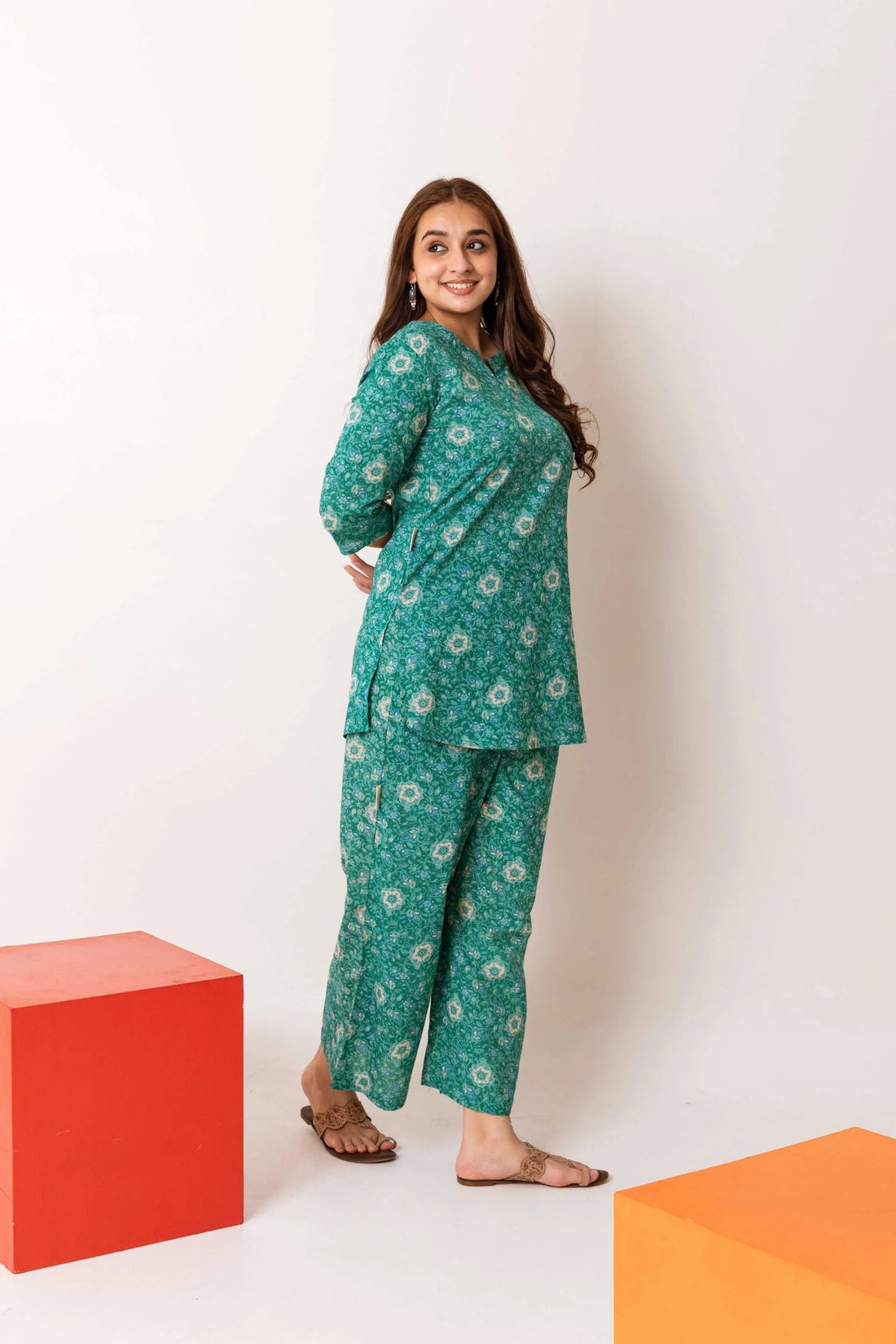 Green Floral Cotton Co-ord Set: A Blossoming Ensemble - Hukum Jaipur