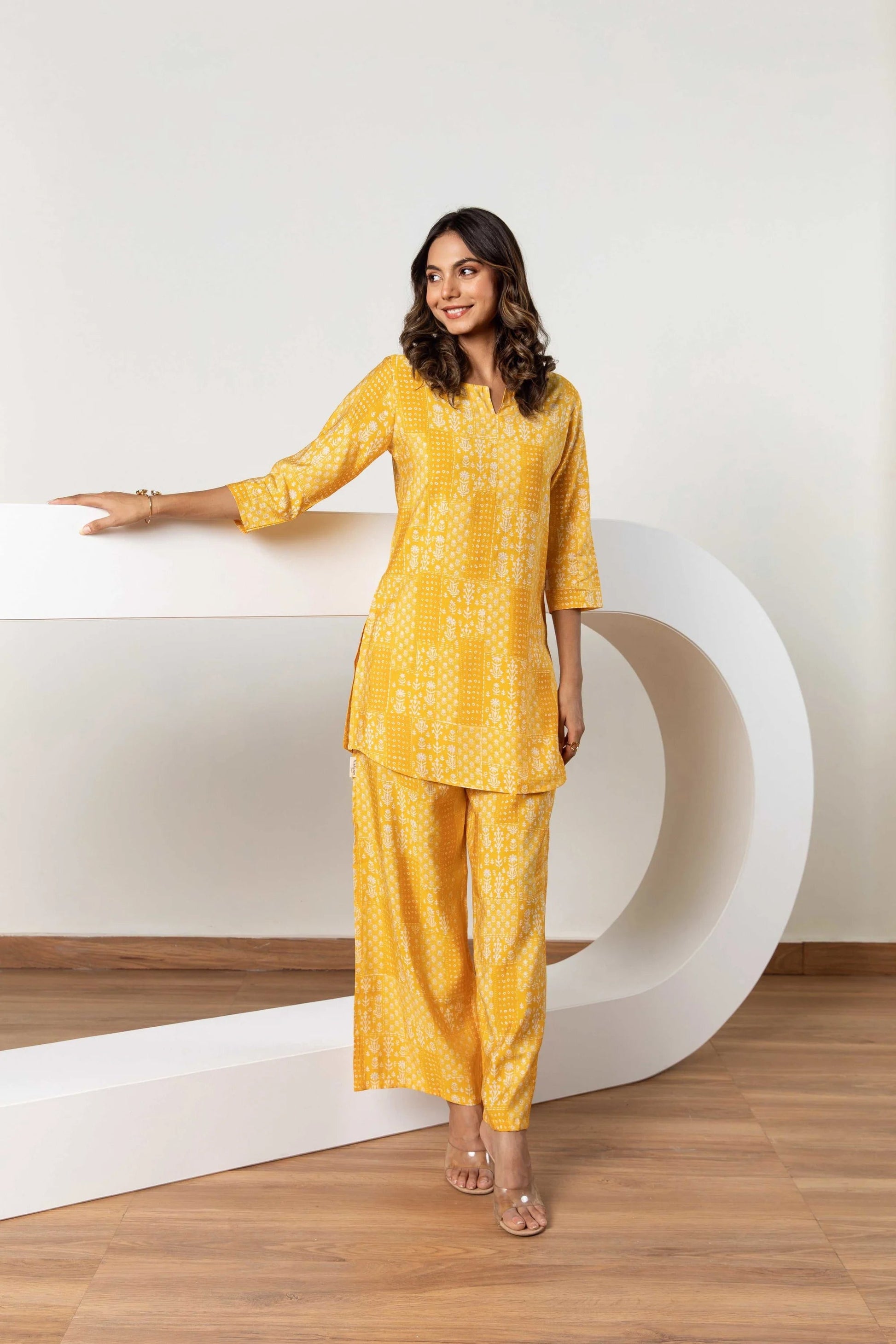 Lemonade Mosaic Magic: Muslin Silk Yellow Patchwork Co-ord Set - Hukum Jaipur