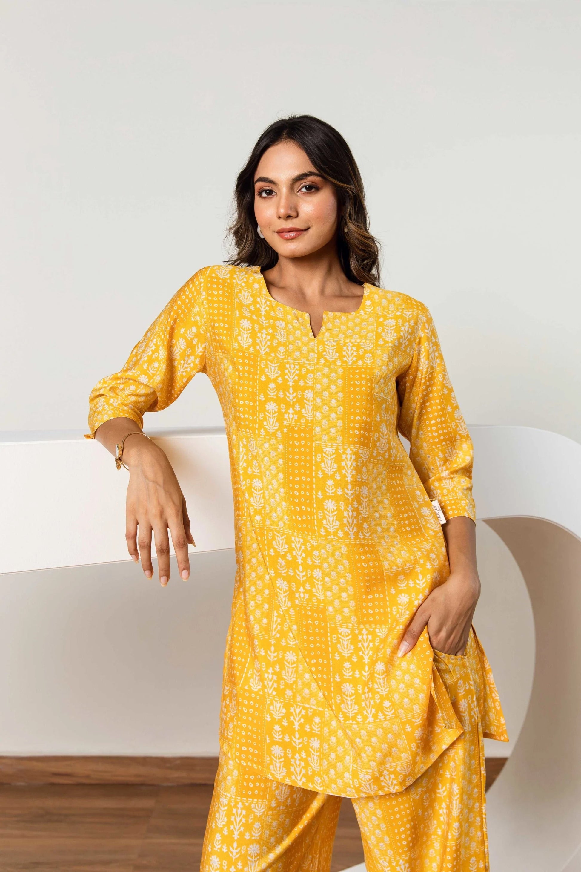 Lemonade Mosaic Magic: Muslin Silk Yellow Patchwork Co-ord Set - Hukum Jaipur