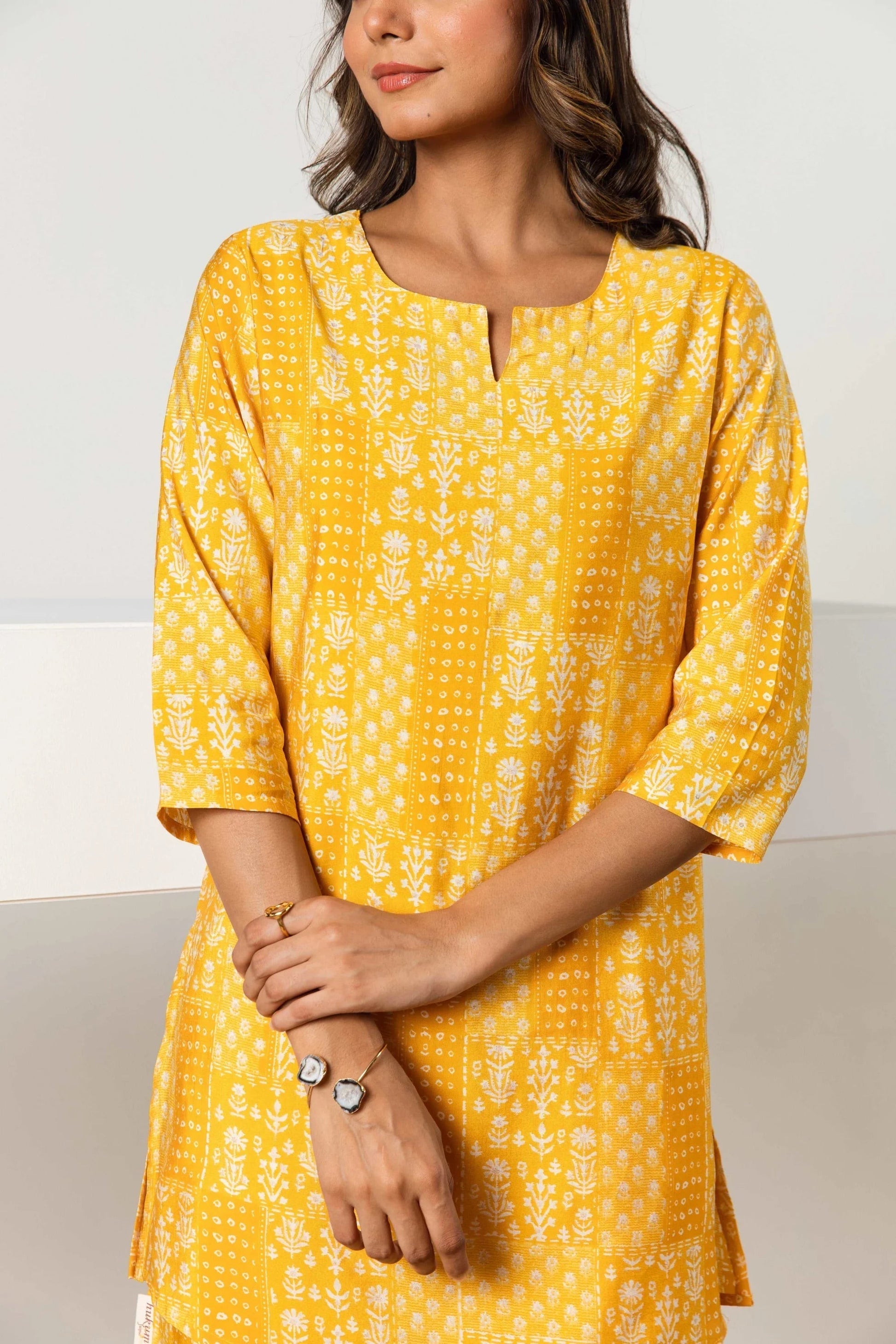 Lemonade Mosaic Magic: Muslin Silk Yellow Patchwork Co-ord Set - Hukum Jaipur