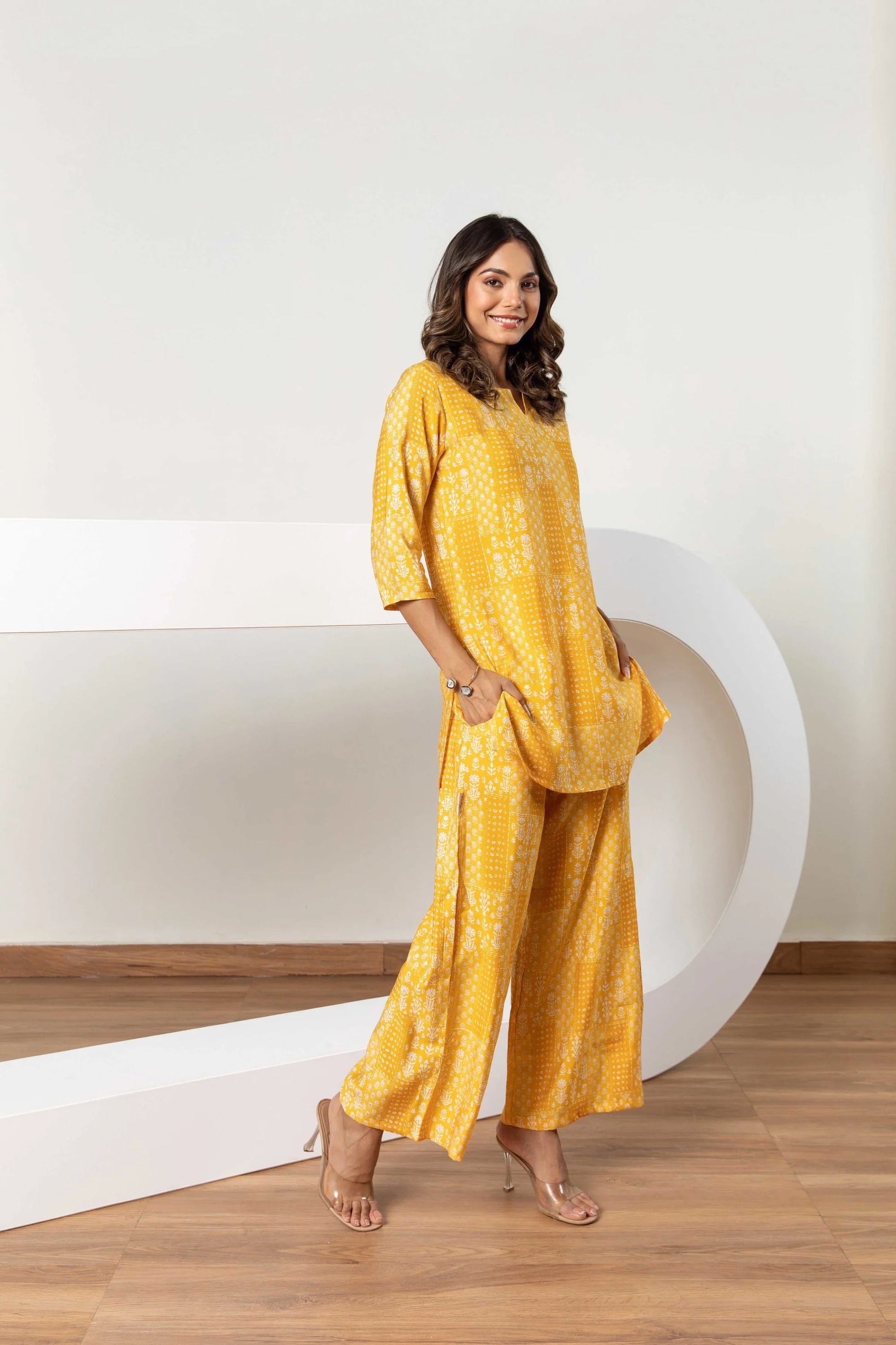 Lemonade Mosaic Magic: Muslin Silk Yellow Patchwork Co-ord Set - Hukum Jaipur