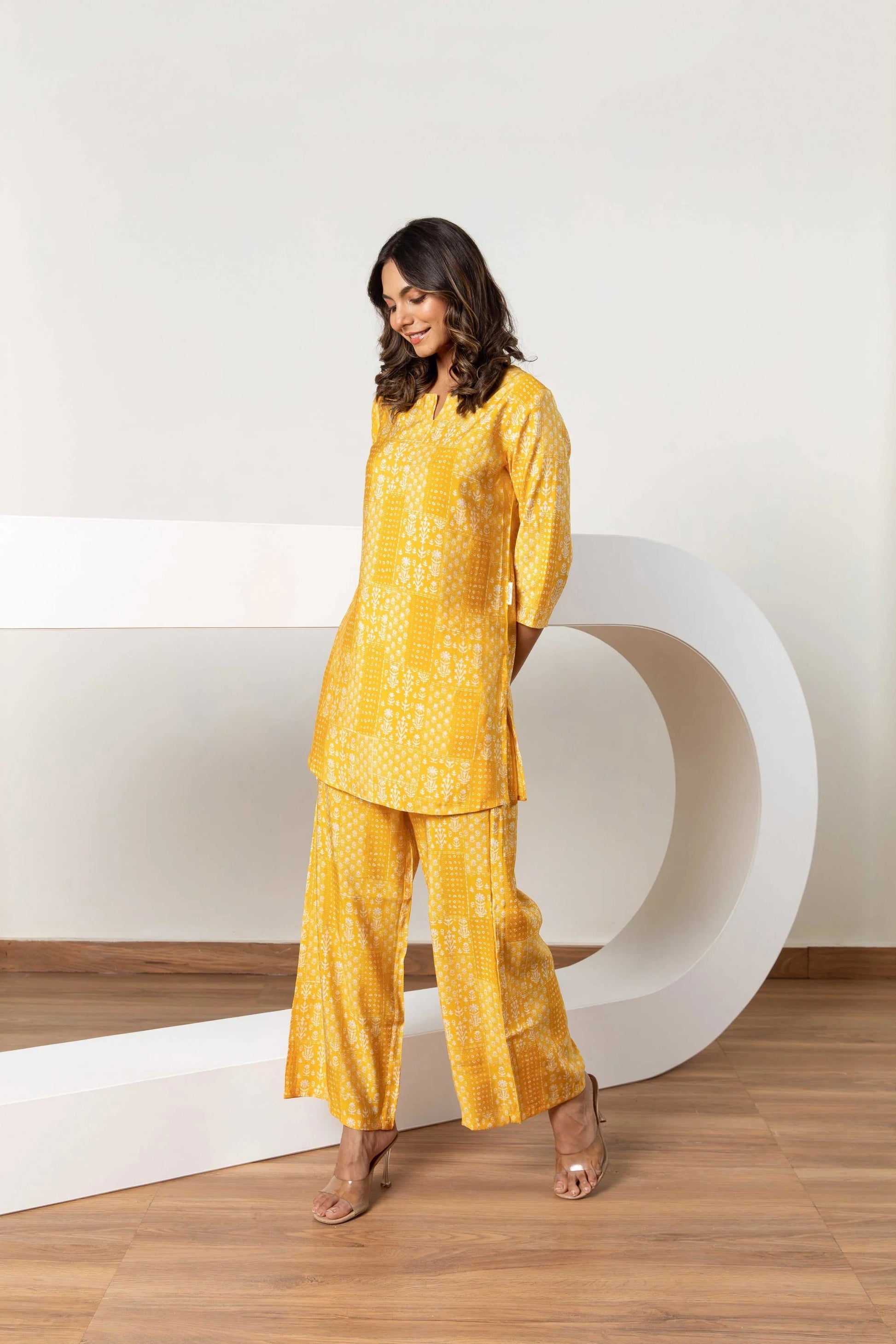 Lemonade Mosaic Magic: Muslin Silk Yellow Patchwork Co-ord Set - Hukum Jaipur