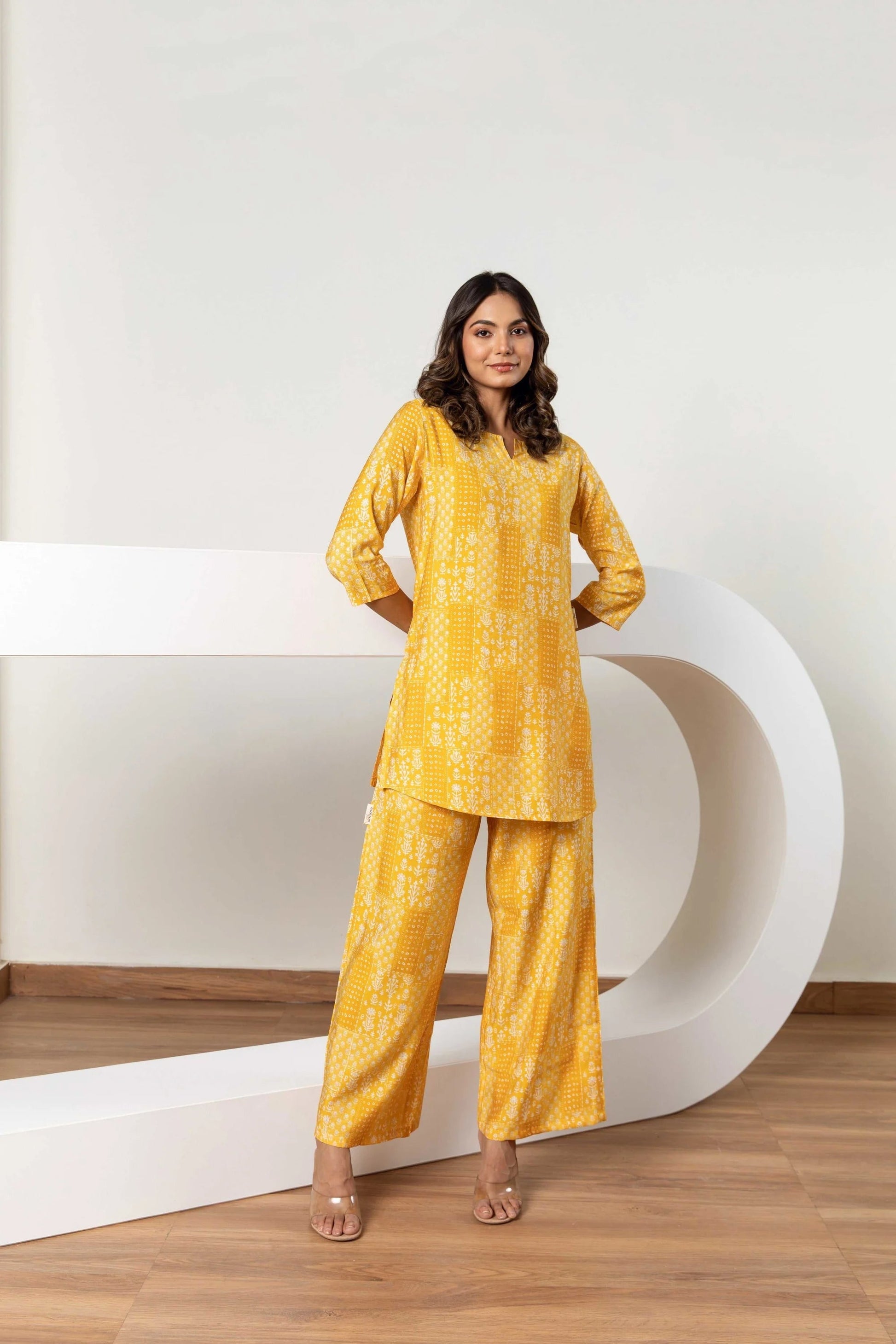 Lemonade Mosaic Magic: Muslin Silk Yellow Patchwork Co-ord Set - Hukum Jaipur