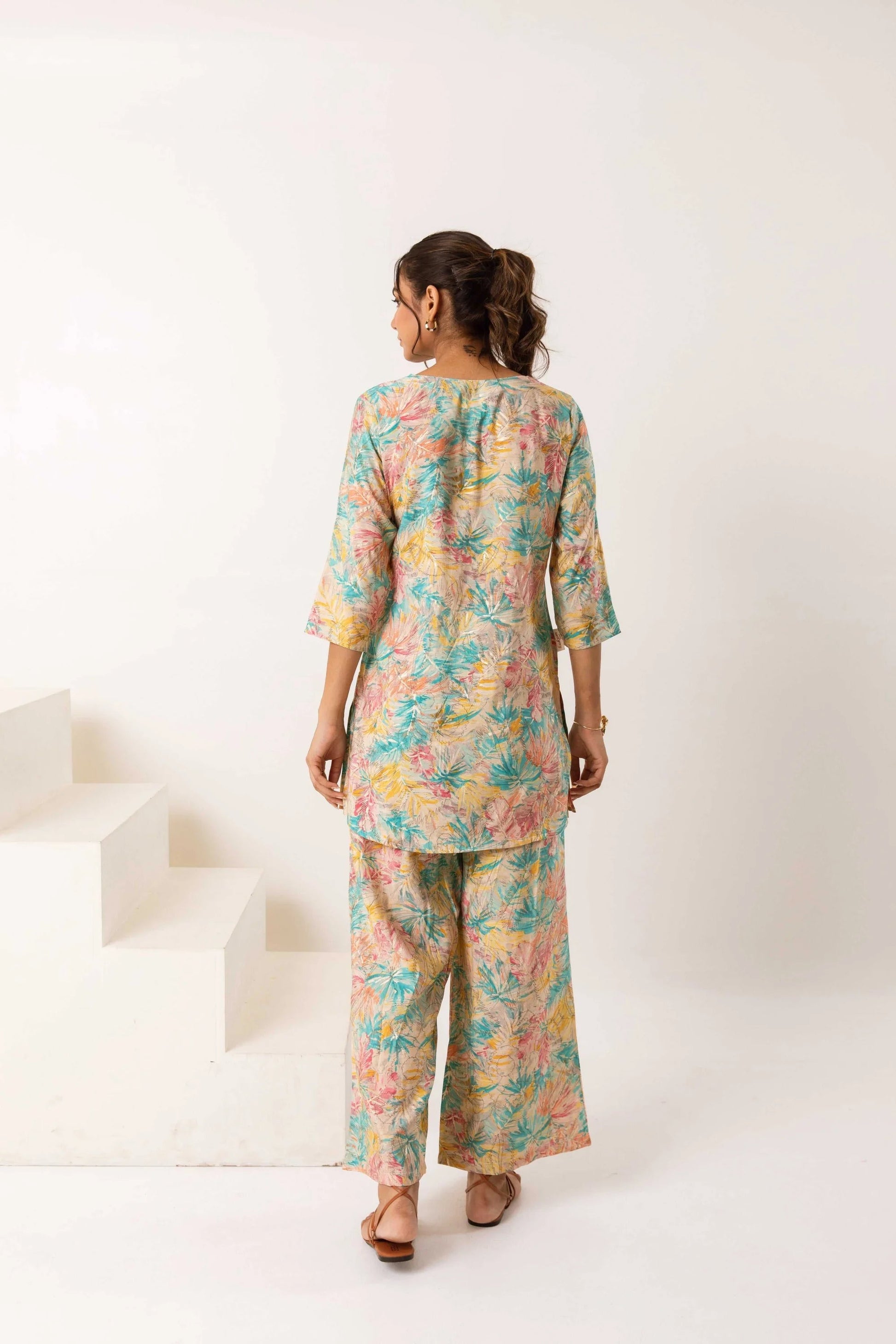 Nature's Embrace: Off-White Botanical Modal Silk Co-ord Set - Hukum Jaipur