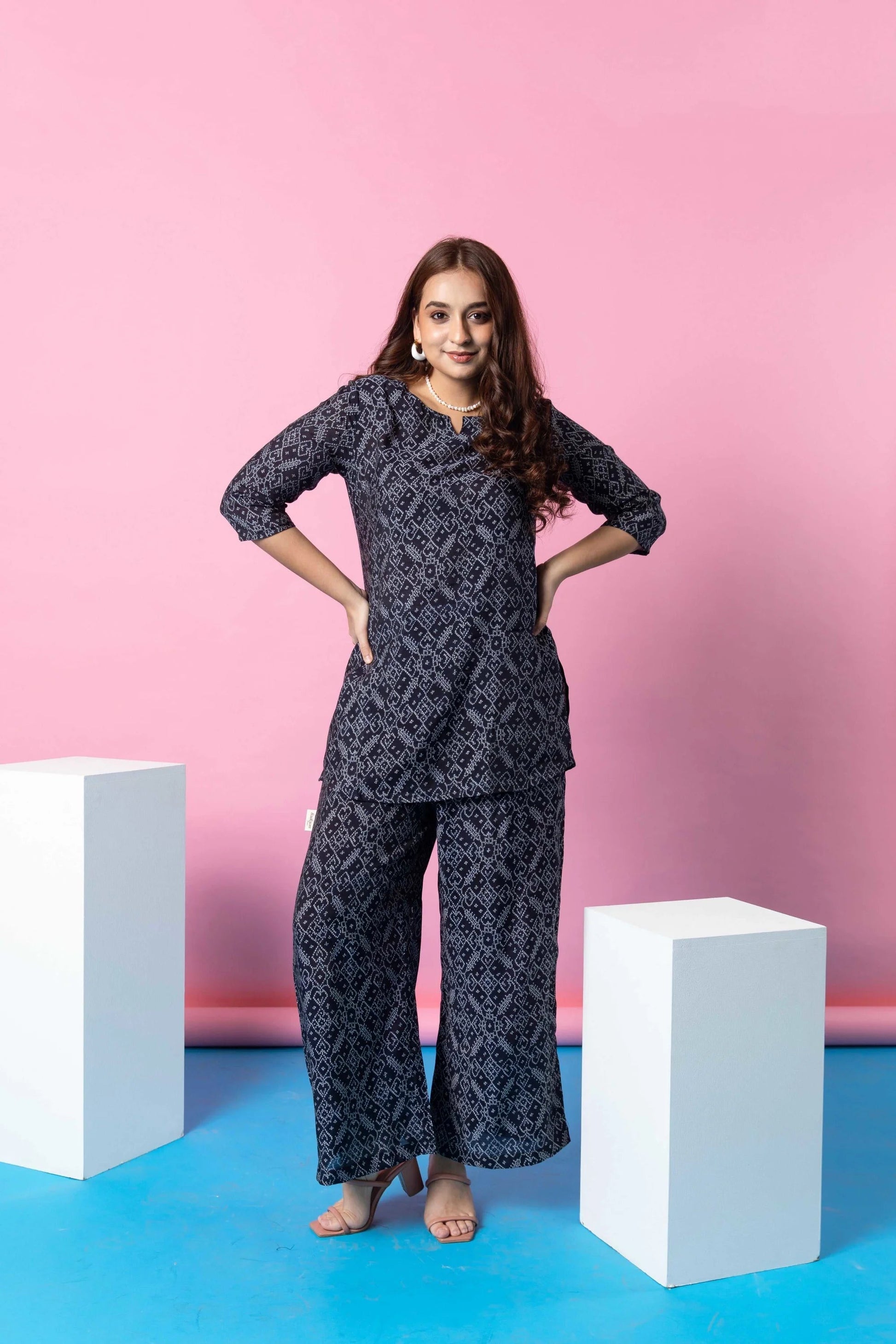 Nautical Whimsy: Navy Blue Badhani Muslin Silk Co-ord Set - Hukum Jaipur