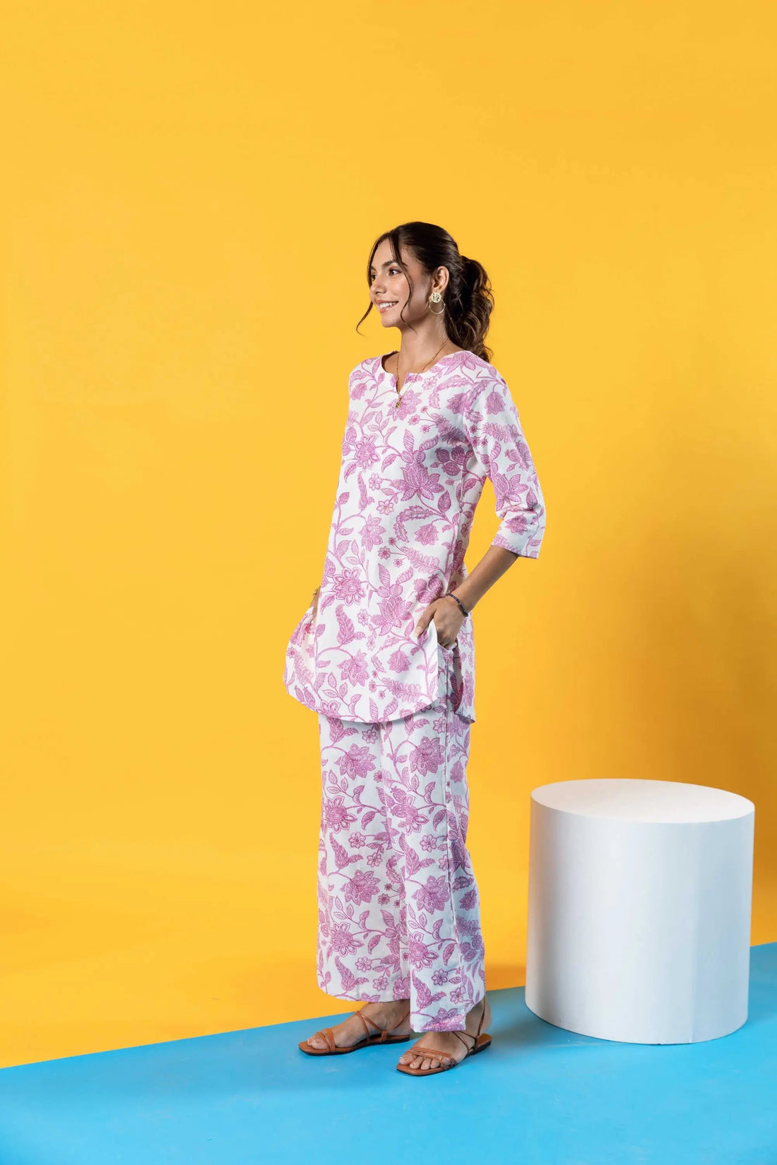 Off-White Botanical Bliss: Cotton Flex Co-ord Set - Hukum Jaipur