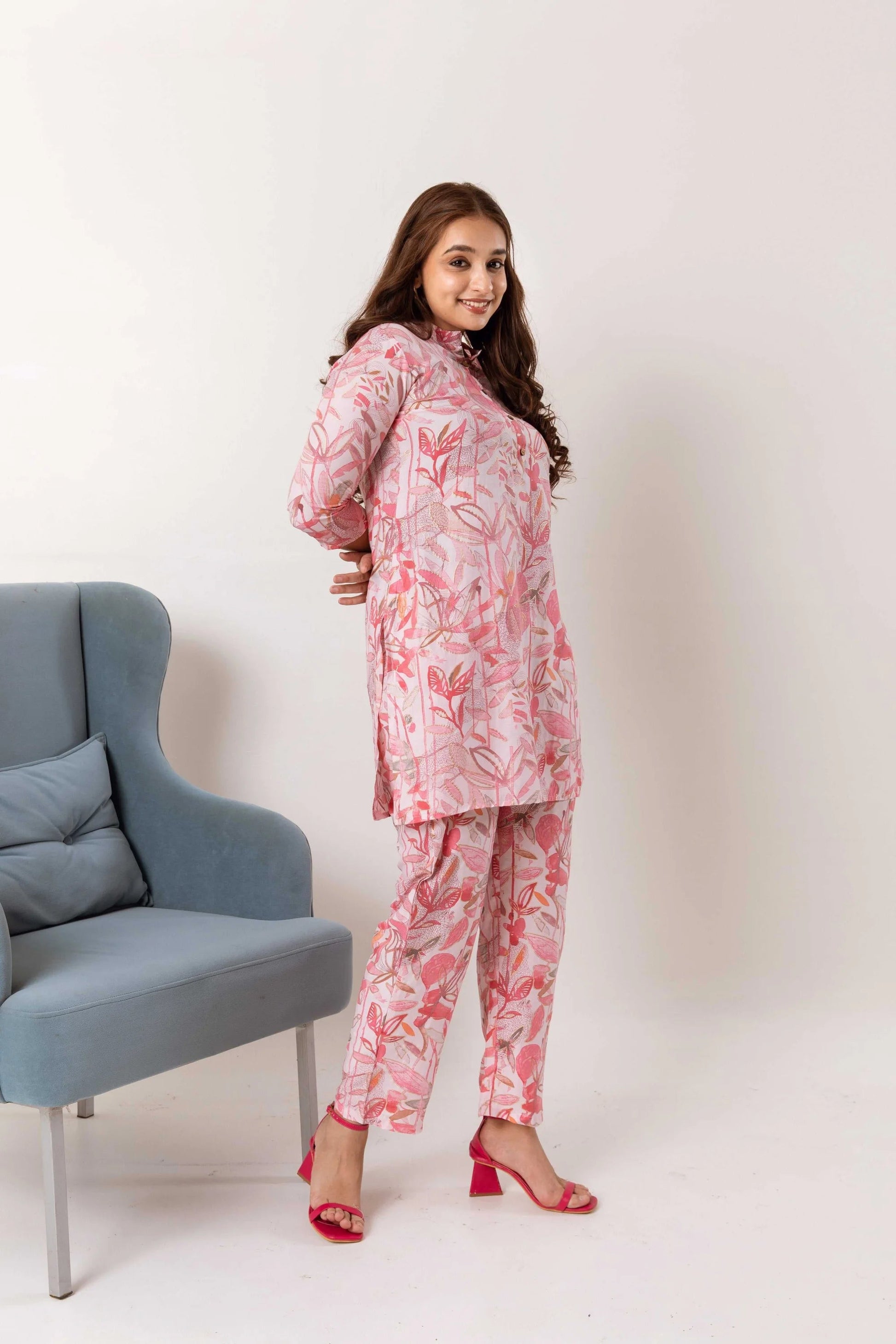 Rosy Blossom Waltz: Pink Muslin Silk Floral Co-ord Set - Hukum Jaipur