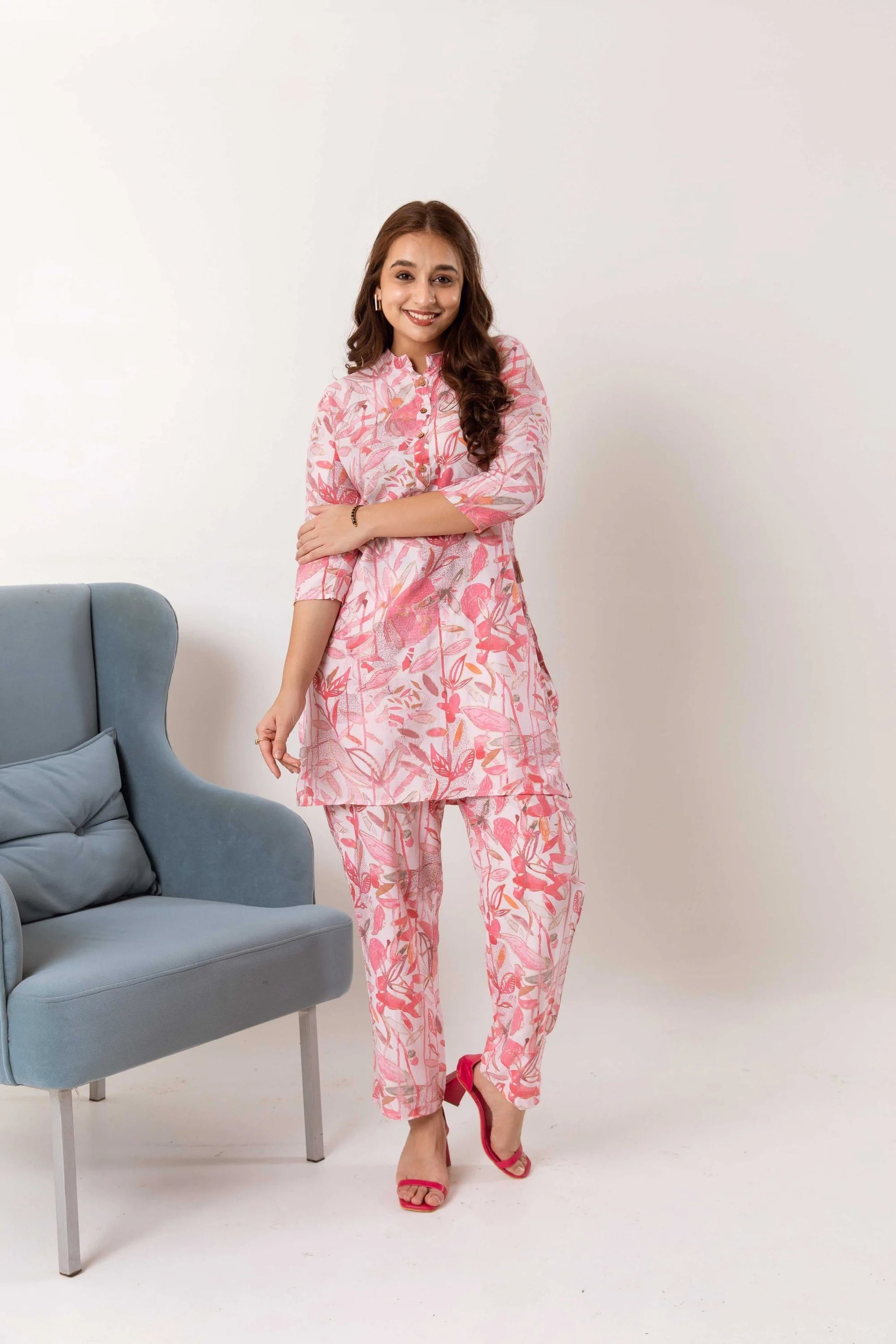 Rosy Blossom Waltz: Pink Muslin Silk Floral Co-ord Set - Hukum Jaipur